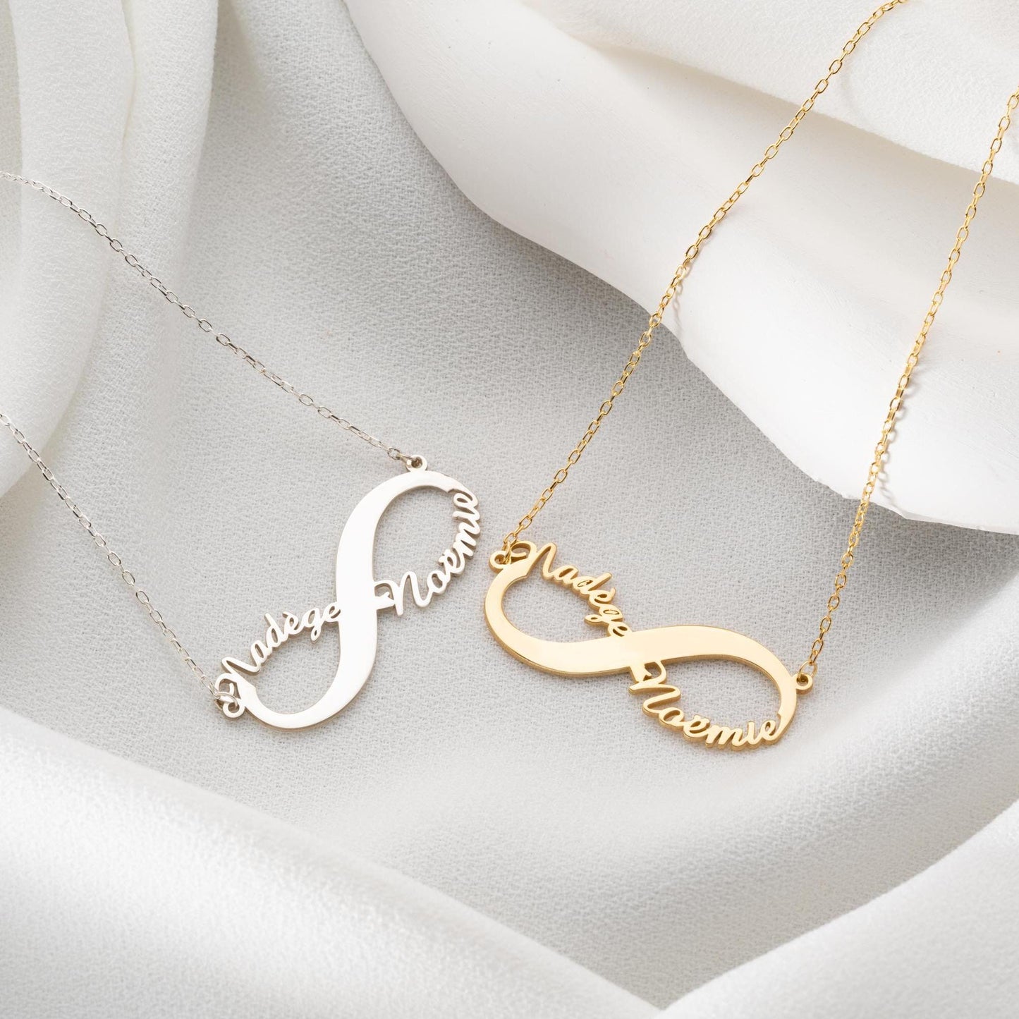 Custom infinity necklace with two personalized names, crafted in 925 sterling silver and 14k gold plated options. A timeless symbol of eternal love and unity.
