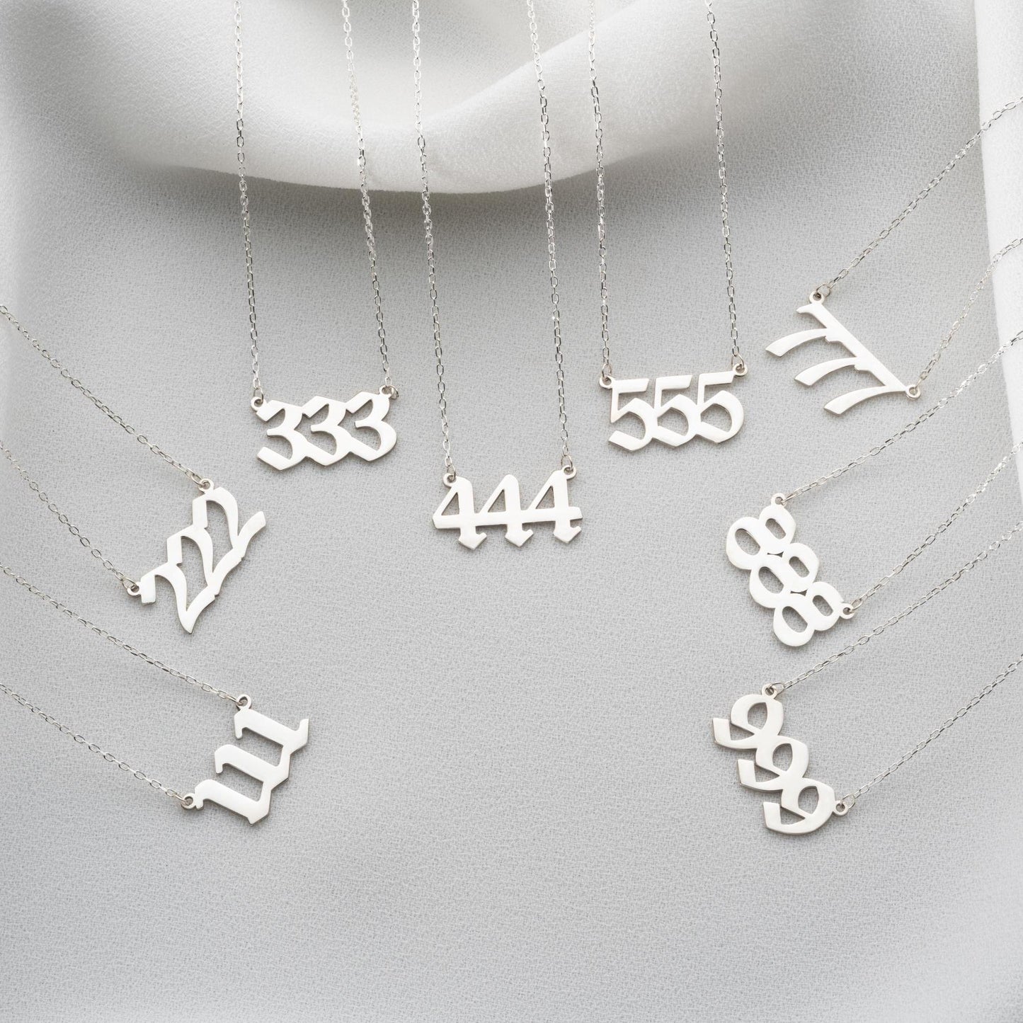 Angel number necklaces featuring numbers 111 to 999, crafted in 925 Sterling Silver with 14K Gold Plated options, ideal for spiritual and lucky gifting.