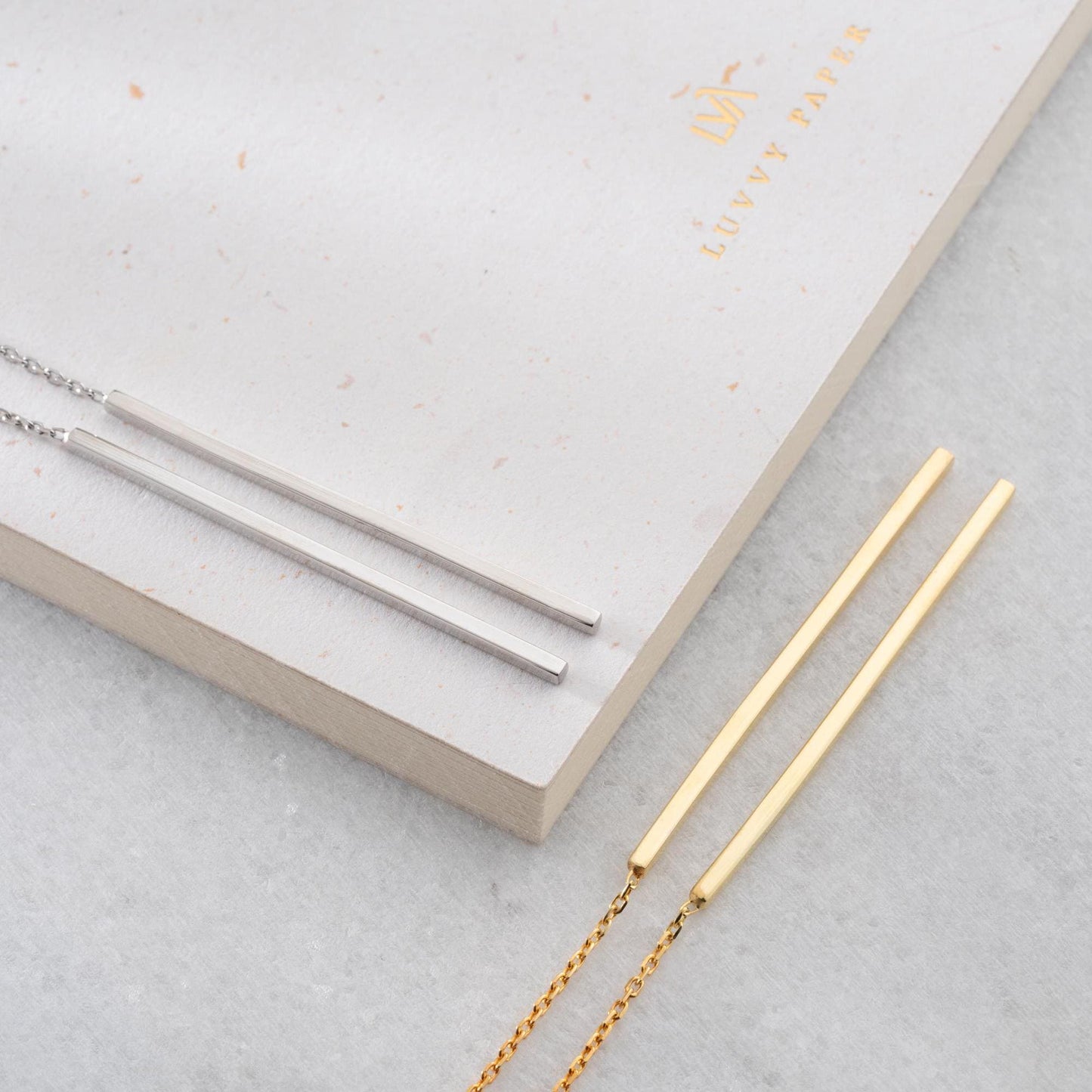 Minimalist long drop earrings crafted in 14K gold plated and 925 sterling silver, perfect for gifting