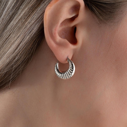 Crescent-shaped hoop earrings crafted from 925 sterling silver with 14K gold-plated options, featuring a textured design, perfect for Christmas gifts.