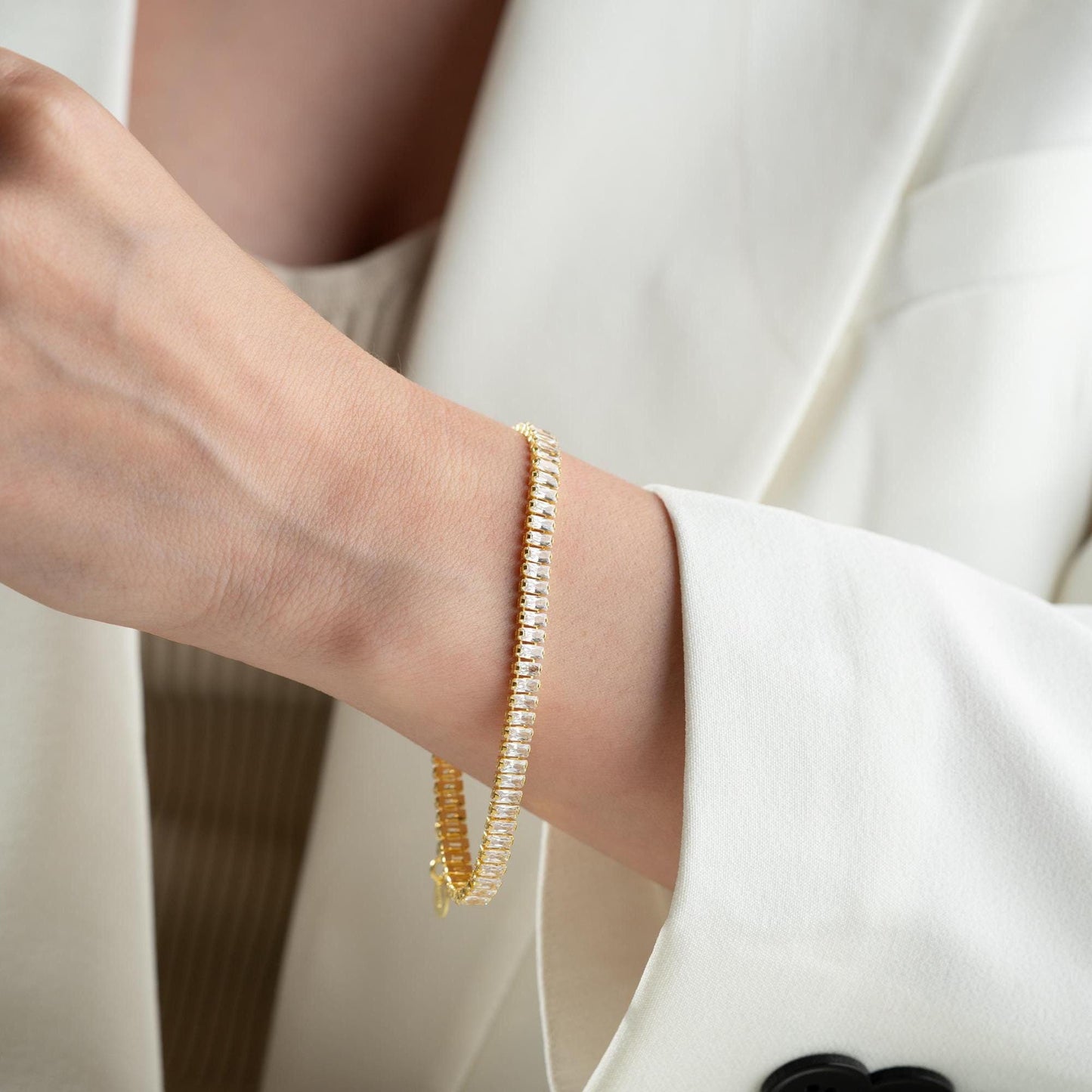 Emerald Cut Zircon Tennis Bracelet - Handmade 925 Sterling Silver Gold Plated - Elegant Jewelry for Women - Gift for Her