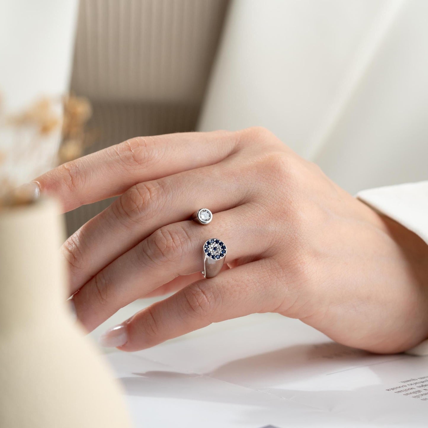 Adjustable open ring featuring a round evil eye charm with cubic zirconia stones, crafted in 925 Sterling Silver and 14K Gold Plated finish.