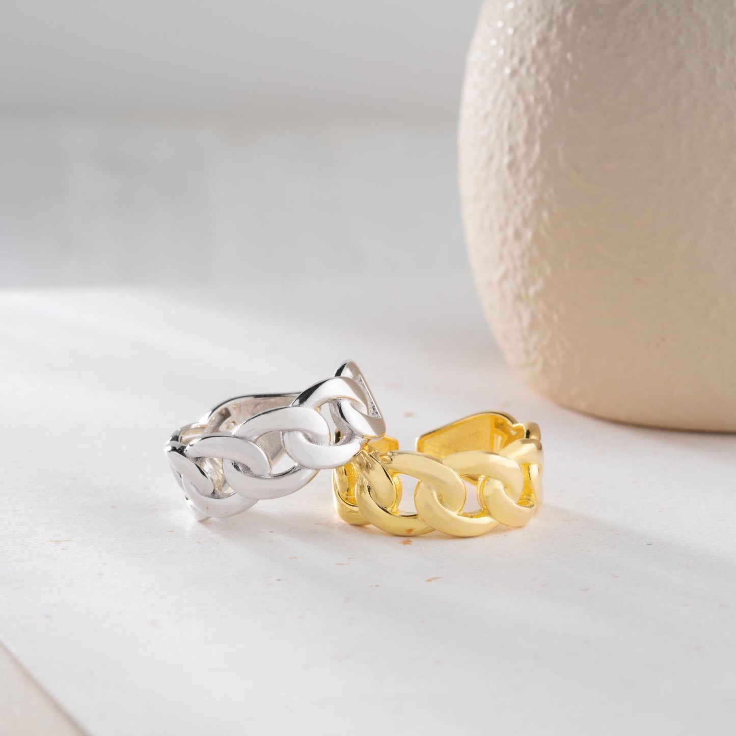 Chunky chain link open ring crafted from 925 sterling silver, available in gold plated and silver finishes. Adjustable design for a perfect fit.