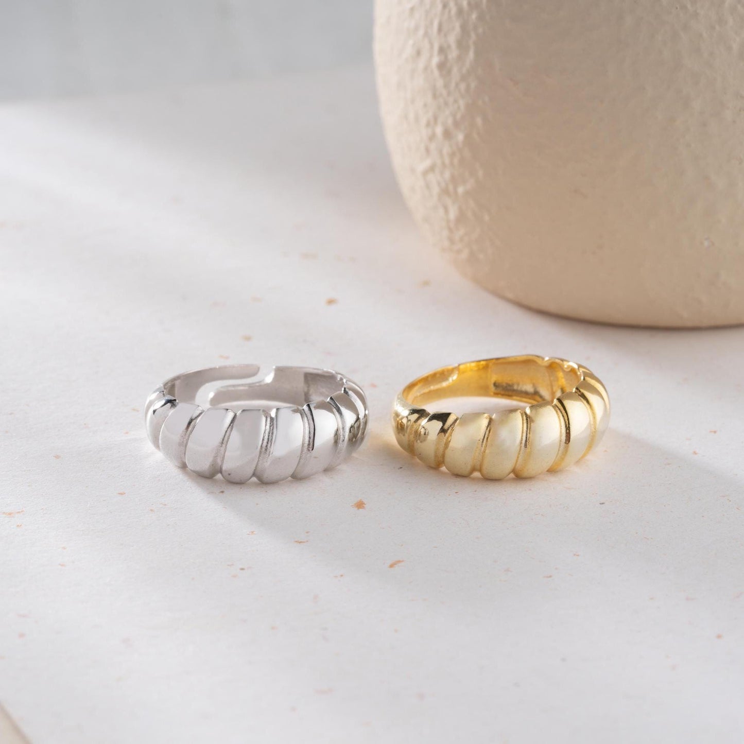 Bold dome adjustable open ring, crafted from 925 Sterling Silver and 14K Gold Plated options. Modern chunky statement ring for women.