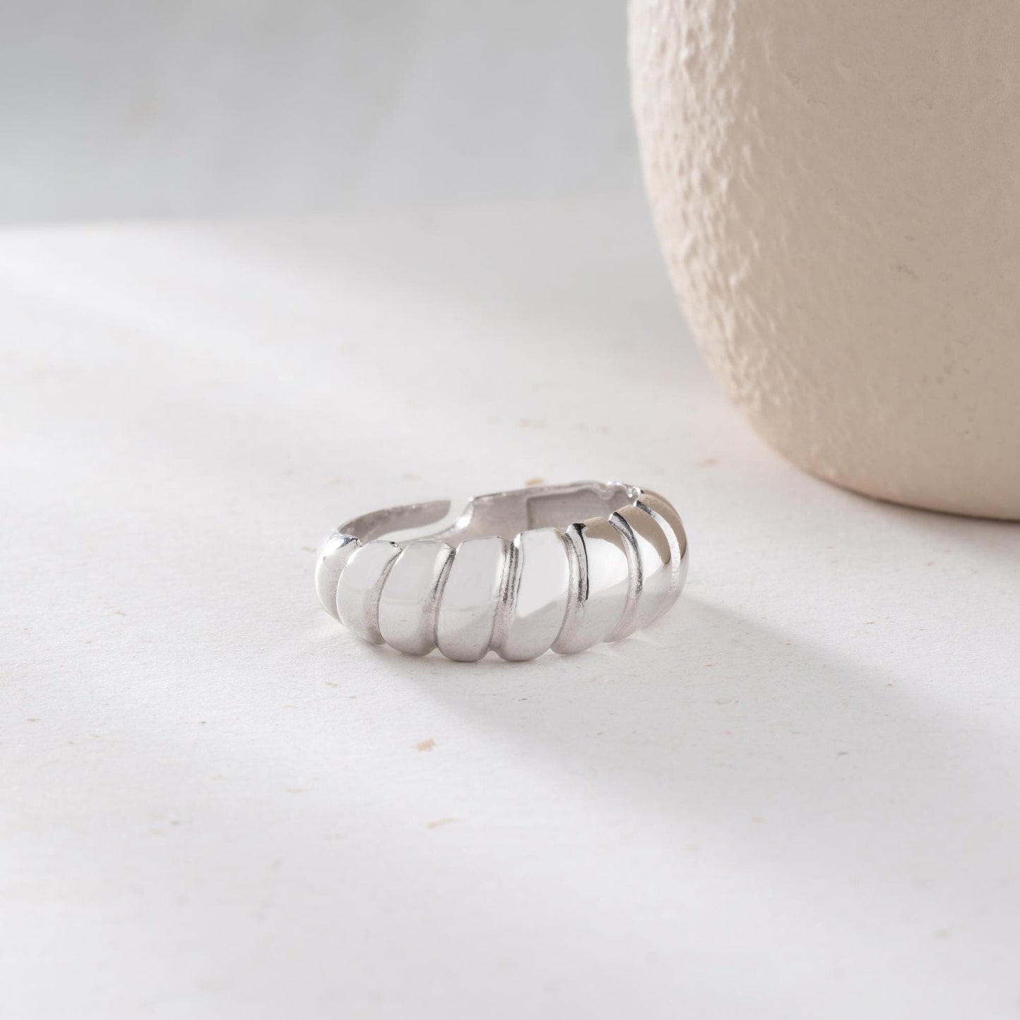 Bold dome adjustable open ring, crafted from 925 Sterling Silver and 14K Gold Plated options. Modern chunky statement ring for women.