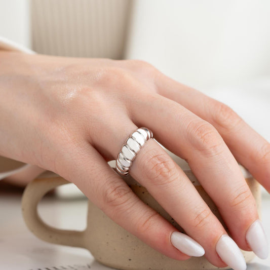 Bold dome adjustable open ring, crafted from 925 Sterling Silver and 14K Gold Plated options. Modern chunky statement ring for women.