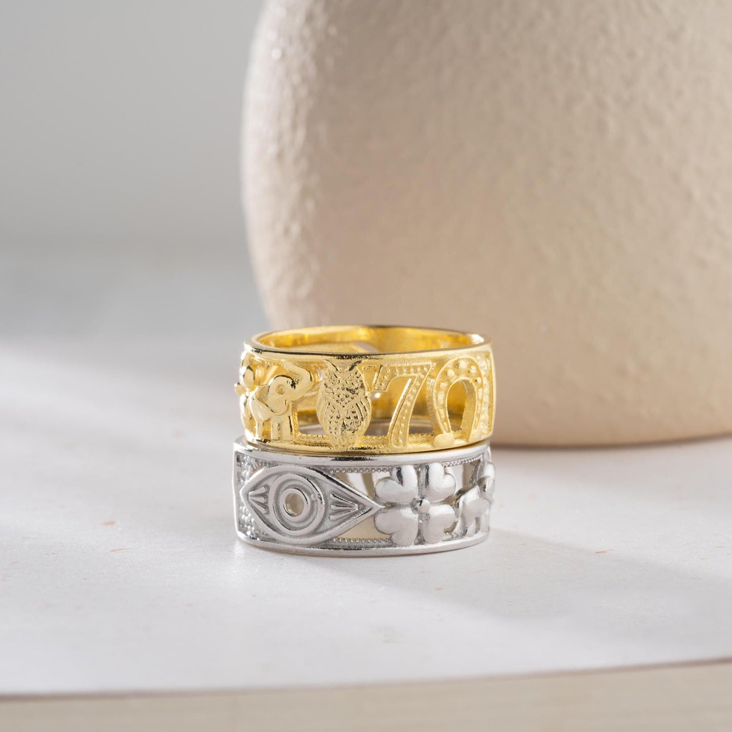 Floral wide band ring with intricate openwork flower design, available in 925 sterling silver and 14K gold plating. Elegant nature-inspired jewelry perfect for gifting.
