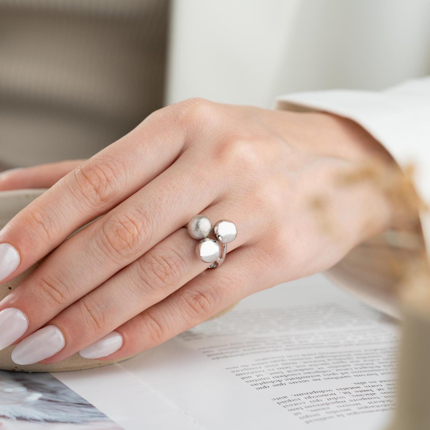 Triple ball adjustable open ring in 925 sterling silver and 14K gold plating, featuring a mix of shiny, matte, and brushed textures.
