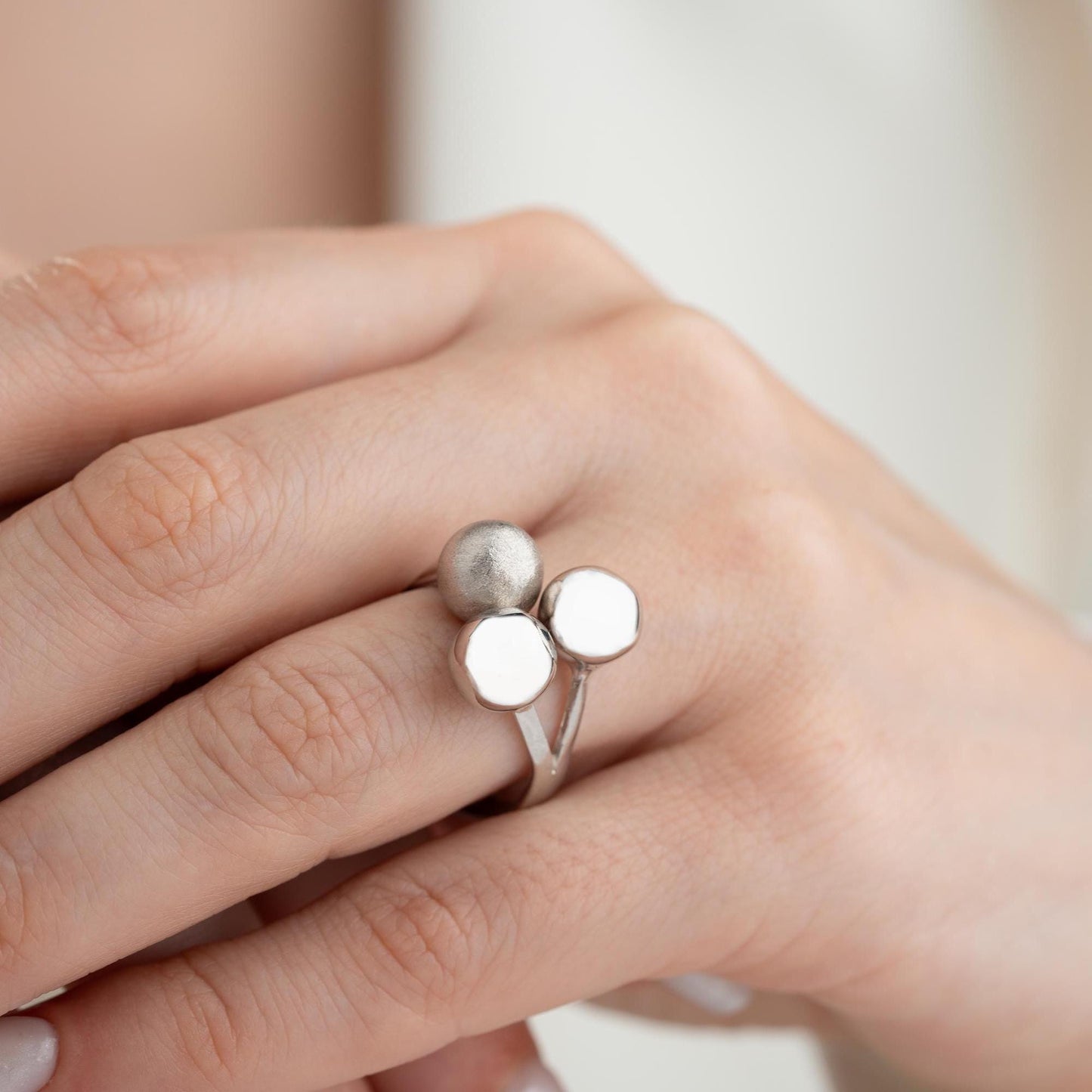 Triple ball adjustable open ring in 925 sterling silver and 14K gold plating, featuring a mix of shiny, matte, and brushed textures.