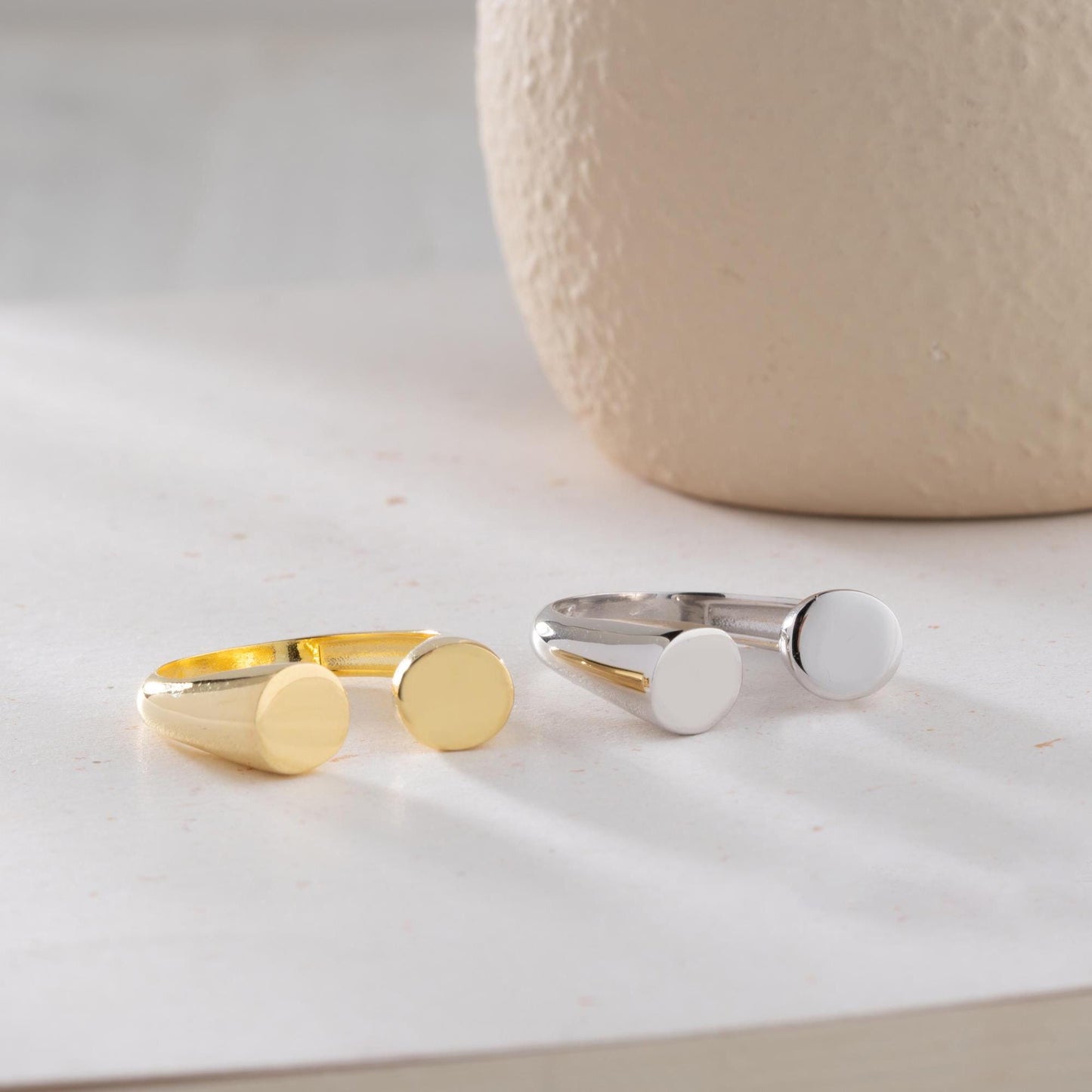 Minimalist open-band ring crafted from 925 Sterling Silver, available with a 14K Gold Plated option. A sleek and bold adjustable ring, ideal for gifting and daily wear.
