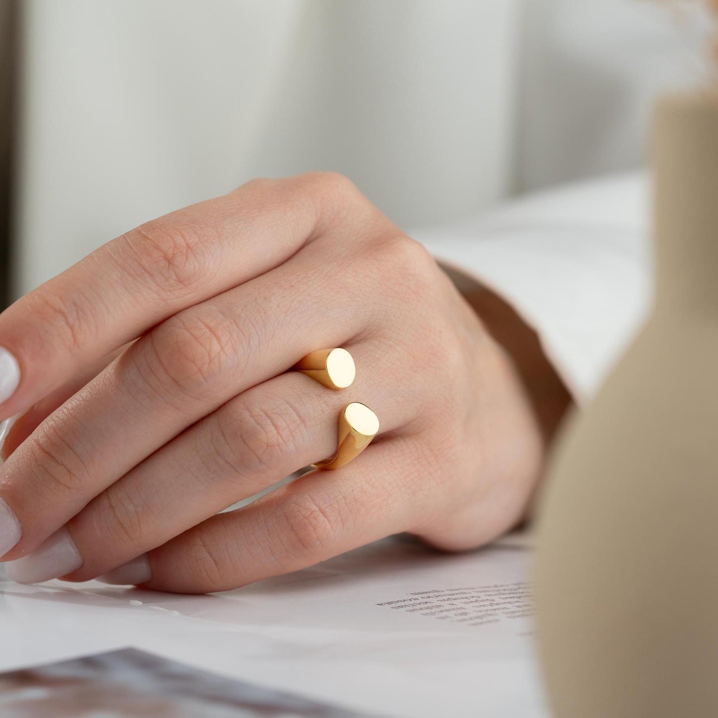 Minimalist open-band ring crafted from 925 Sterling Silver, available with a 14K Gold Plated option. A sleek and bold adjustable ring, ideal for gifting and daily wear.