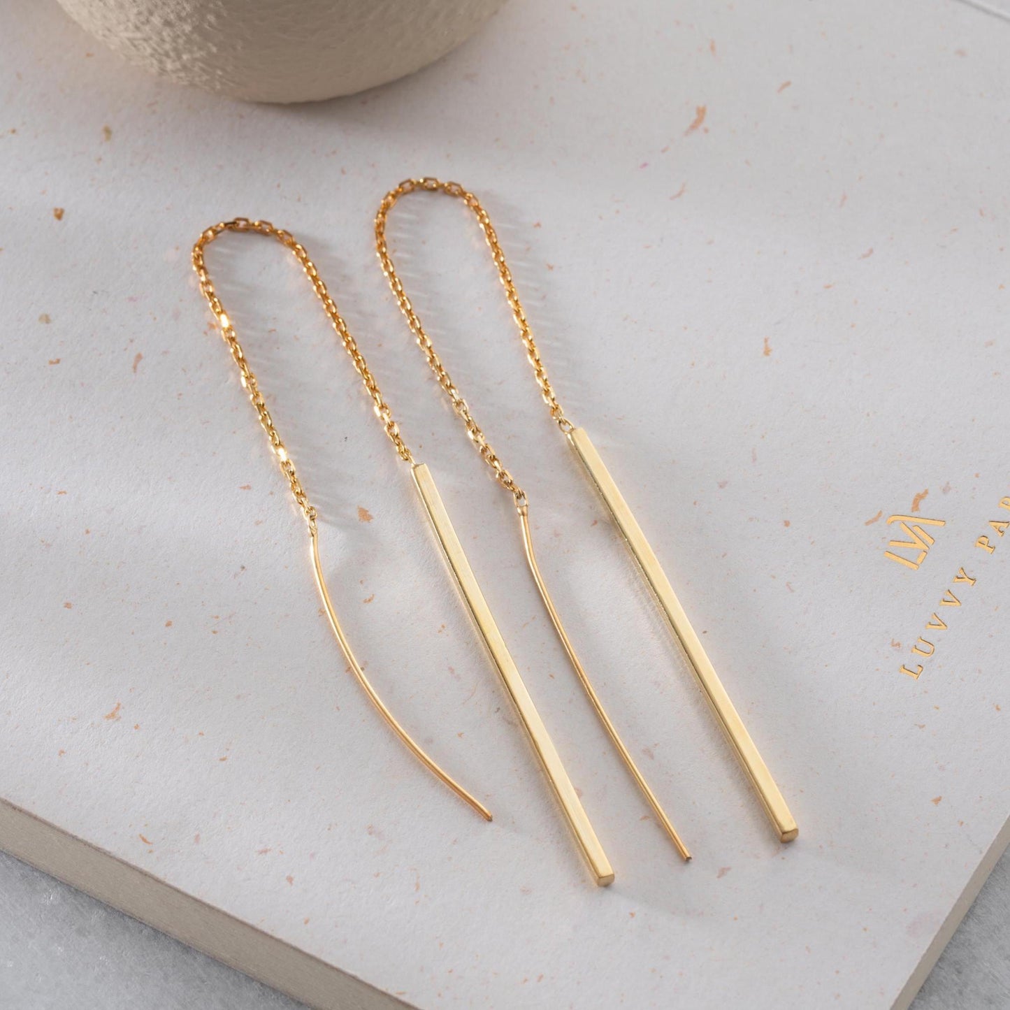Minimalist long drop earrings crafted in 14K gold plated and 925 sterling silver, perfect for gifting