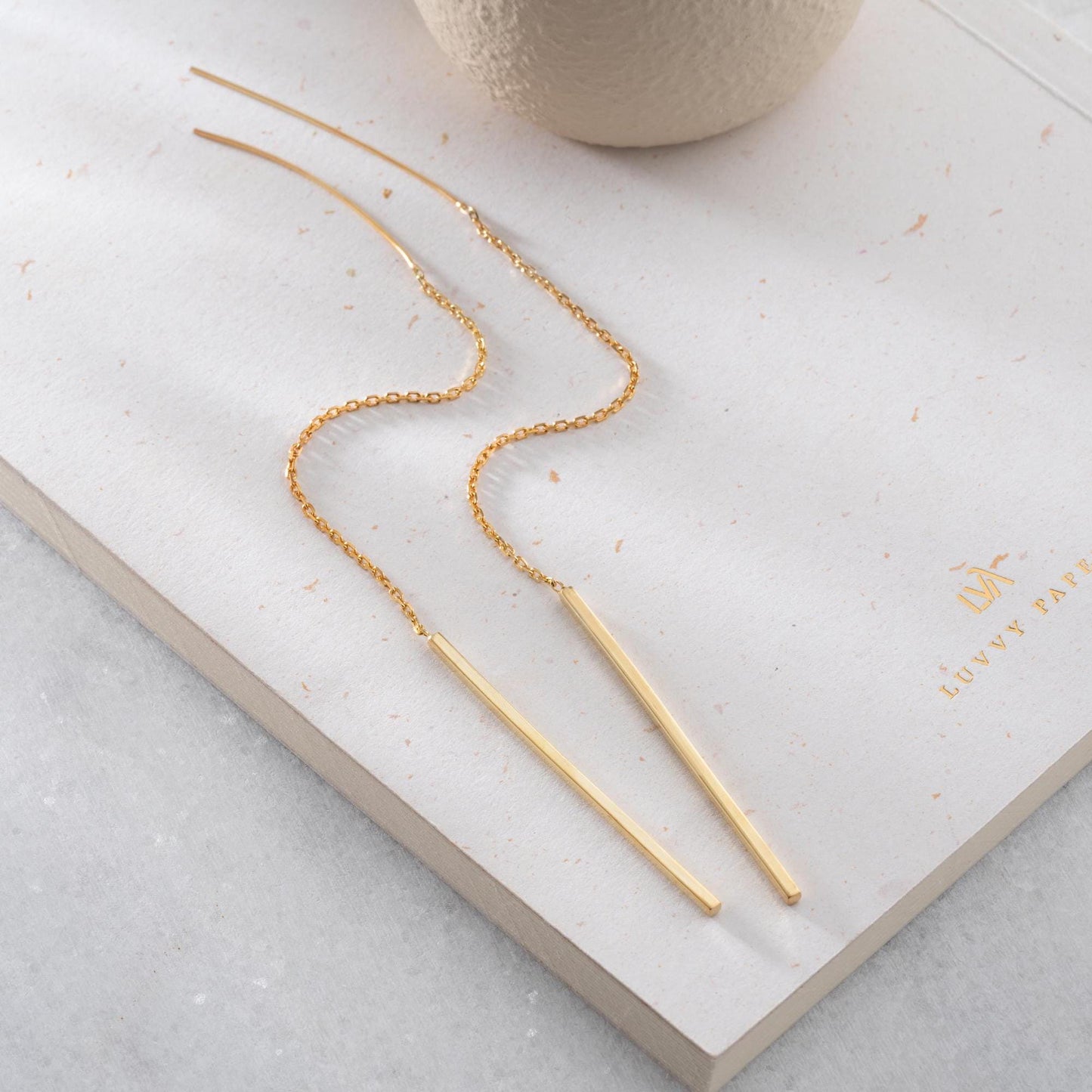 Minimalist long drop earrings crafted in 14K gold plated and 925 sterling silver, perfect for gifting