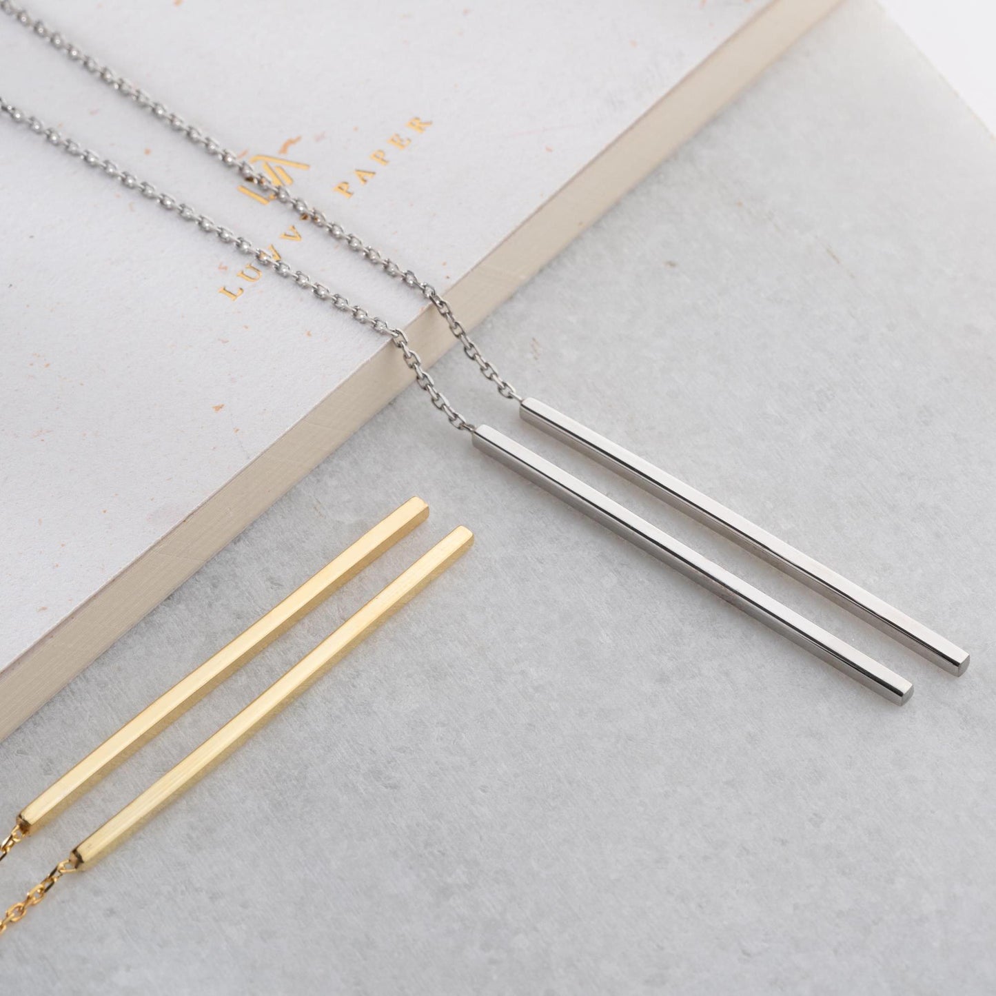 Minimalist long drop earrings crafted in 14K gold plated and 925 sterling silver, perfect for gifting
