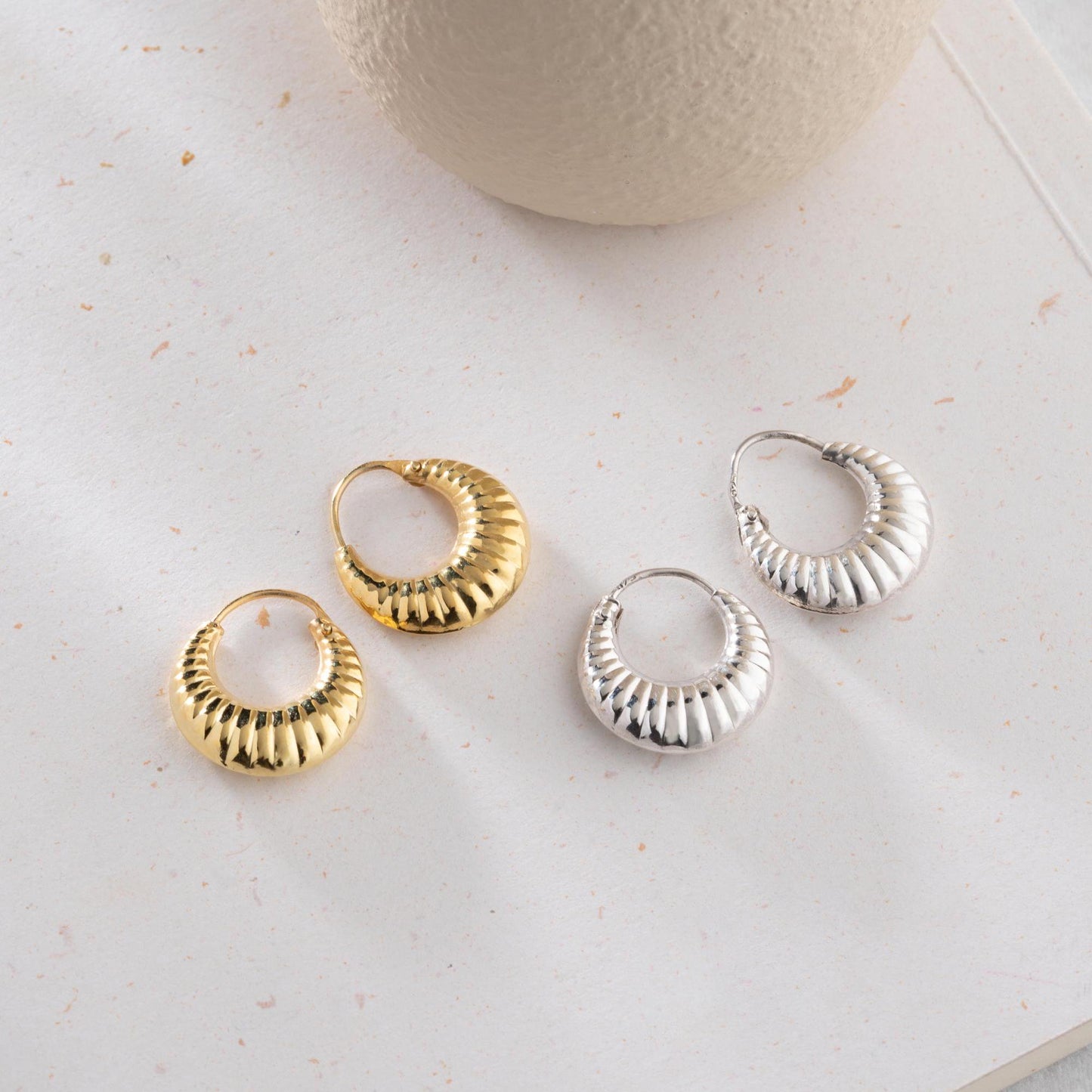 Crescent-shaped hoop earrings crafted from 925 sterling silver with 14K gold-plated options, featuring a textured design, perfect for Christmas gifts.