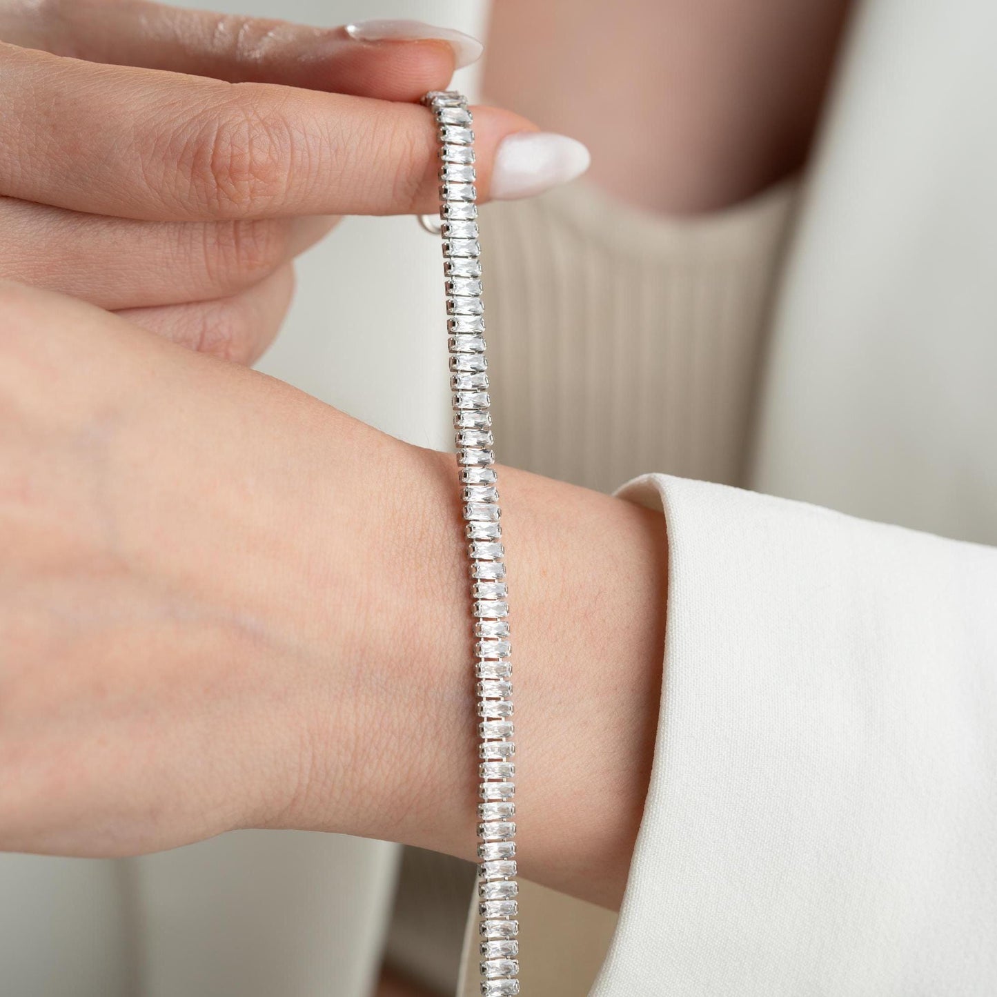 Emerald Cut Zircon Tennis Bracelet - Handmade 925 Sterling Silver Gold Plated - Elegant Jewelry for Women - Gift for Her