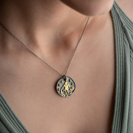 Aquarius Zodiac Necklace • 925 Sterling Silver & Gold Plated • Vintage Coin Pendant • Celestial Astrology Jewelry • Horoscope Gift for Her