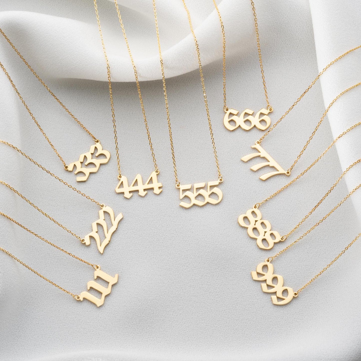 Angel number necklaces featuring numbers 111 to 999, crafted in 925 Sterling Silver with 14K Gold Plated options, ideal for spiritual and lucky gifting.