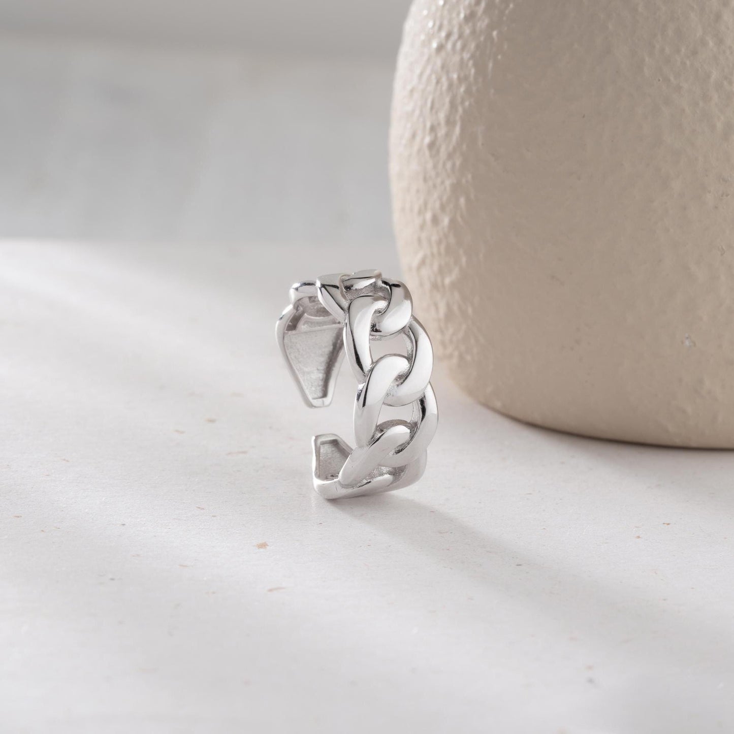 Chunky chain link open ring crafted from 925 sterling silver, available in gold plated and silver finishes. Adjustable design for a perfect fit.