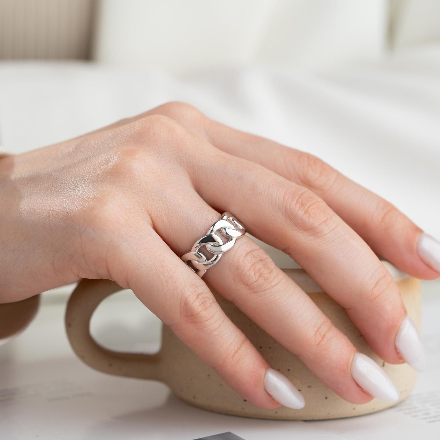 Chunky chain link open ring crafted from 925 sterling silver, available in gold plated and silver finishes. Adjustable design for a perfect fit.