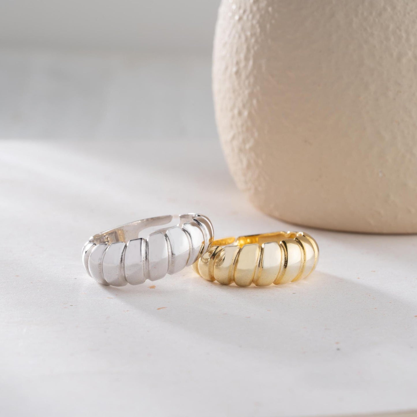 Bold dome adjustable open ring, crafted from 925 Sterling Silver and 14K Gold Plated options. Modern chunky statement ring for women.