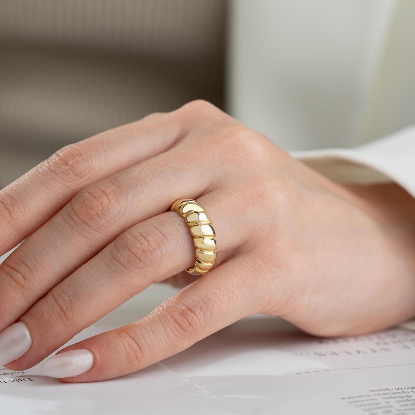 Bold dome adjustable open ring, crafted from 925 Sterling Silver and 14K Gold Plated options. Modern chunky statement ring for women.