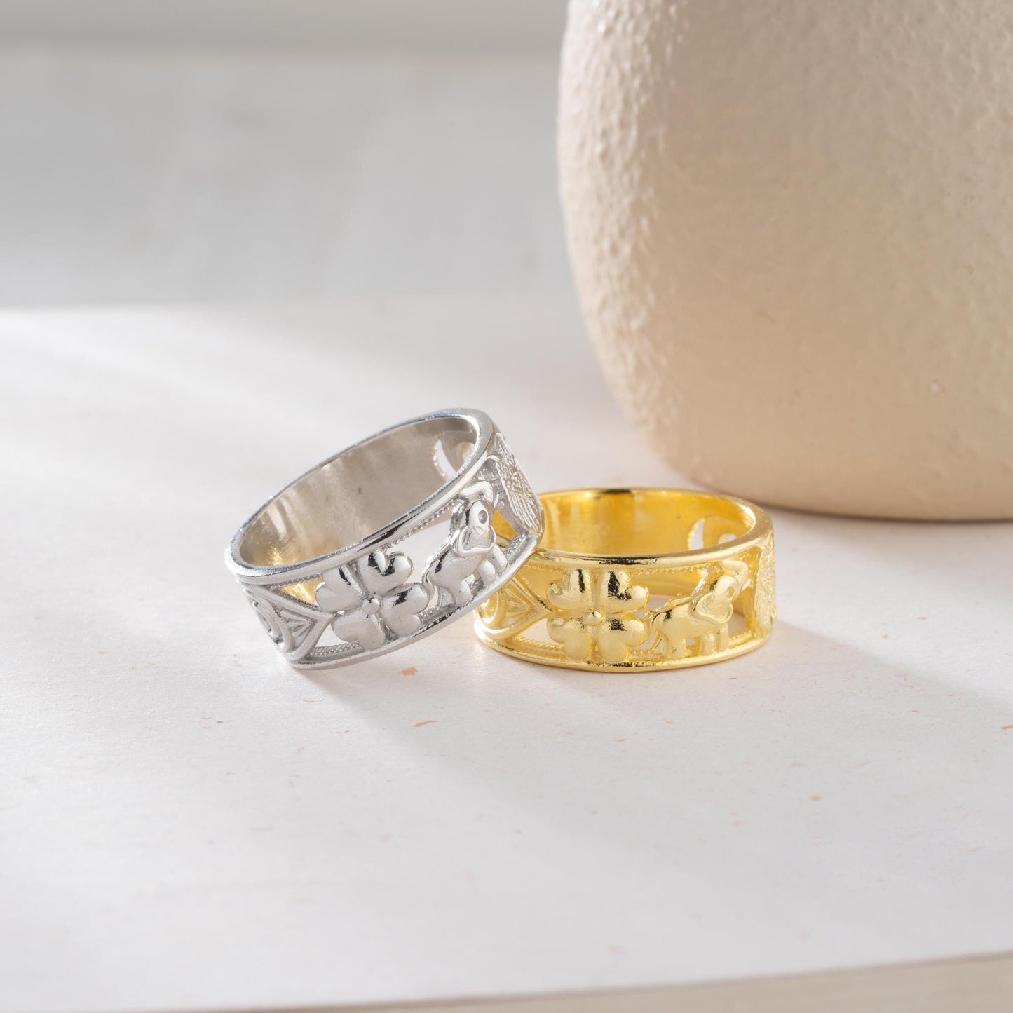 Floral wide band ring with intricate openwork flower design, available in 925 sterling silver and 14K gold plating. Elegant nature-inspired jewelry perfect for gifting.