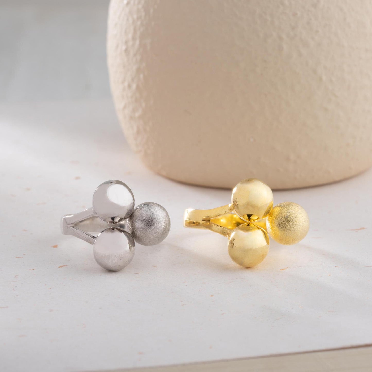 Triple ball adjustable open ring in 925 sterling silver and 14K gold plating, featuring a mix of shiny, matte, and brushed textures.