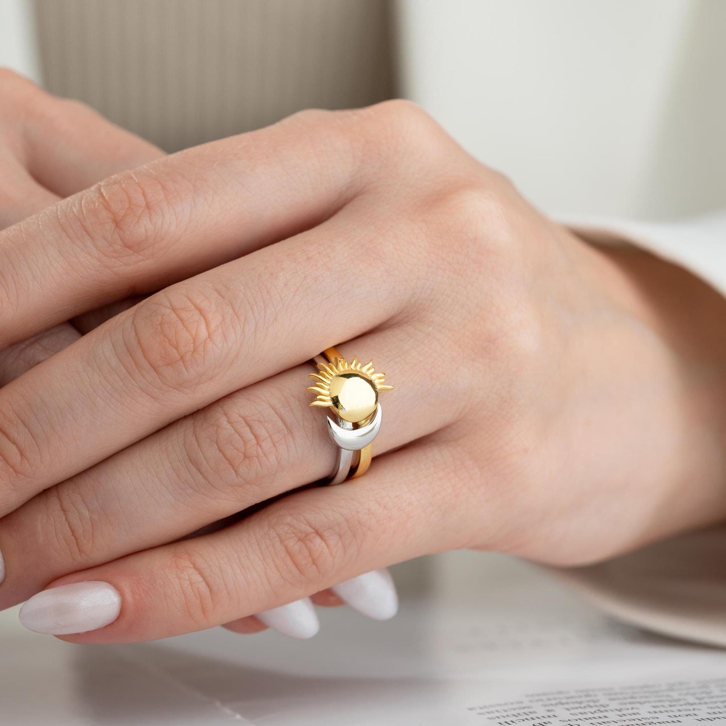 Sun and Moon Adjustable Ring Set in 925 Sterling Silver and Gold Plating, Celestial Jewelry featuring sun and moon design, perfect for stacking.