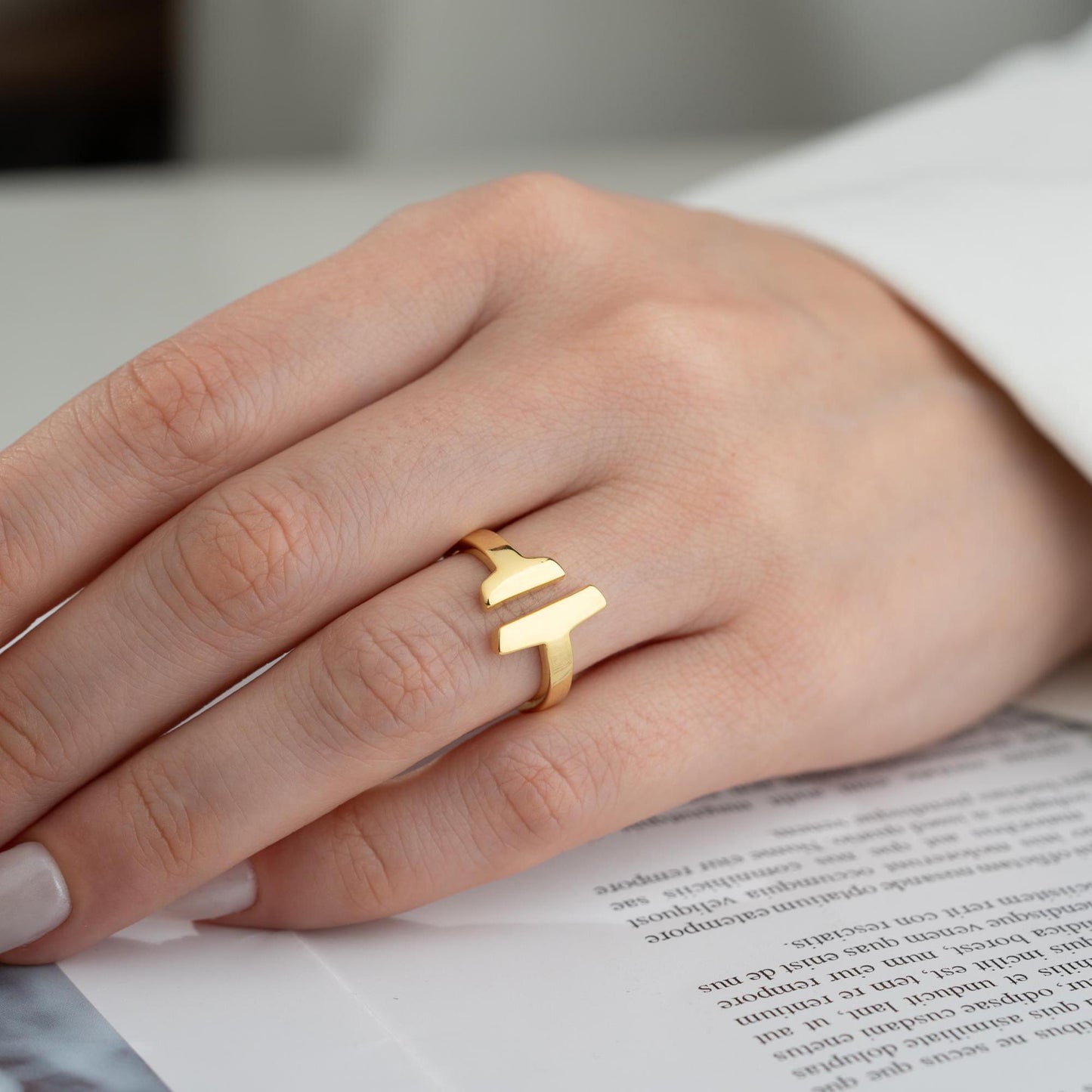 Minimalist T-Bar adjustable open ring, crafted from 925 Sterling Silver with 14K Gold and Rose Gold options. Elegant and perfect for gifting or everyday wear.