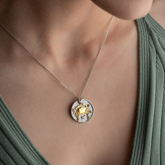 Cancer Zodiac Necklace • 925 Sterling Silver & Gold Plated • Coin Medallion Pendant • Celestial Astrology Jewelry • Gift for Her
