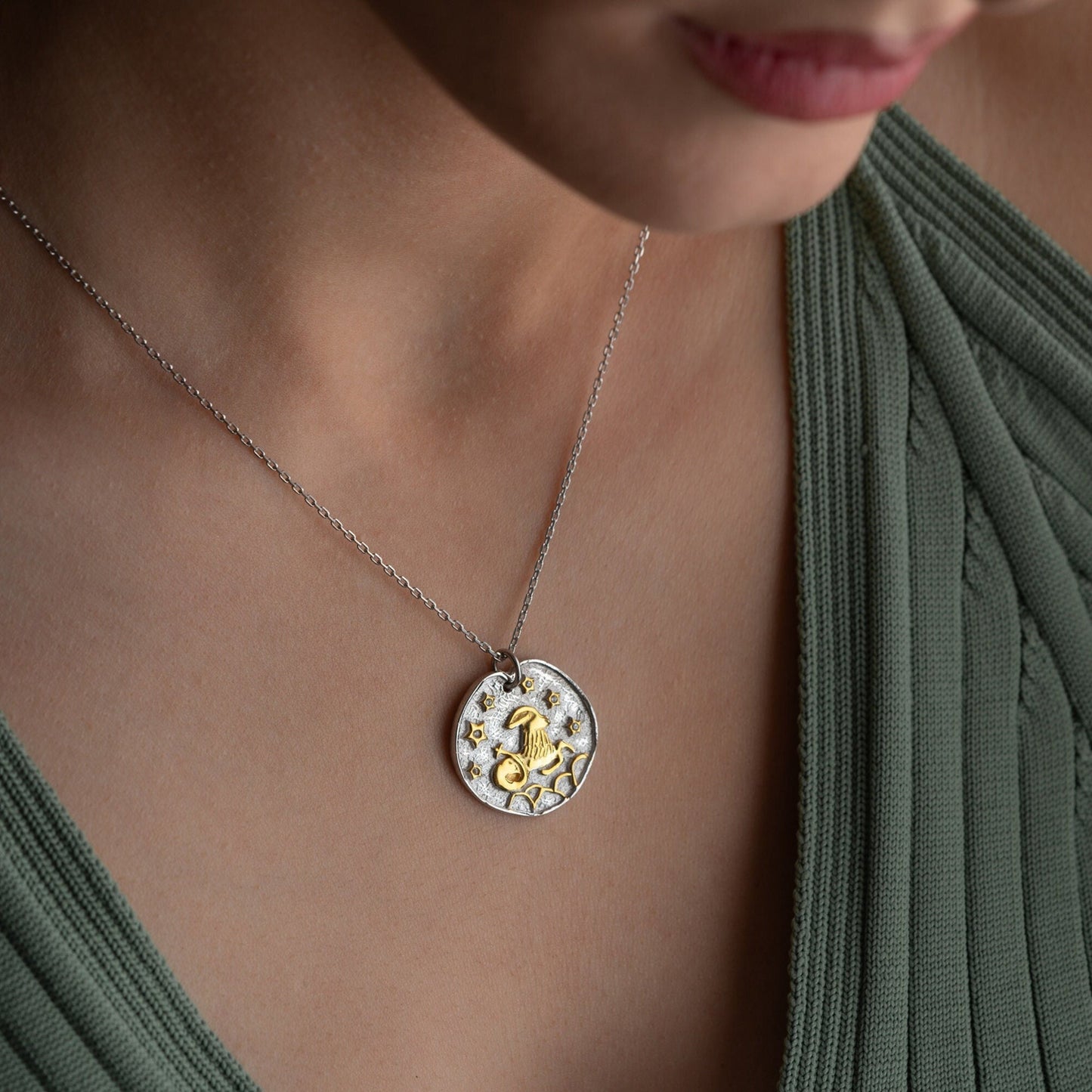 Capricorn Zodiac Necklace • 925 Sterling Silver & Gold Plated • Coin Medallion Pendant • Astrology Celestial Jewelry • Gift for Her