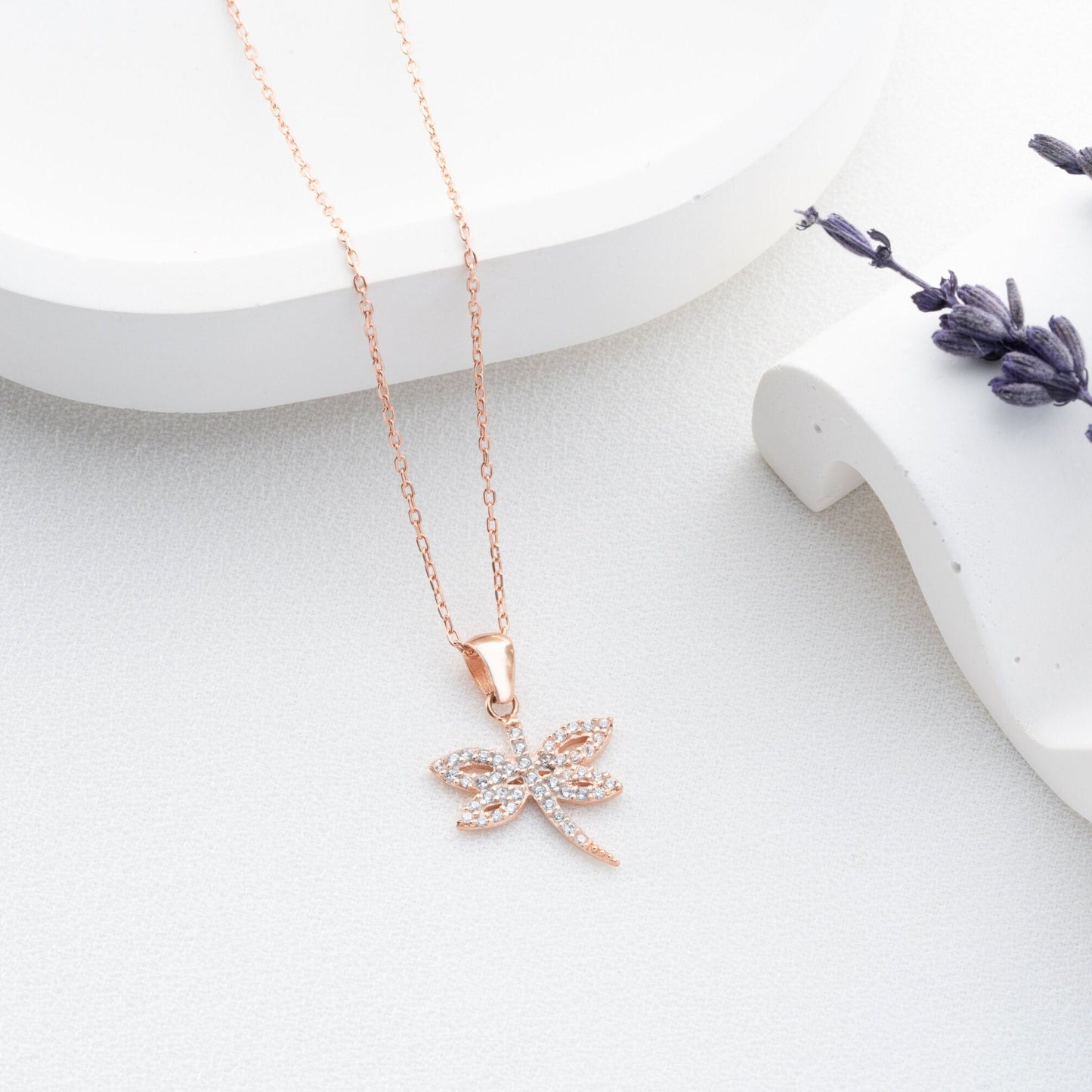 Dragonfly Necklace • 925 Sterling Silver • 14K Gold Plated • Zirconia Charm Pendant • Adjustable Chain Jewelry • Gift for Women & Girls