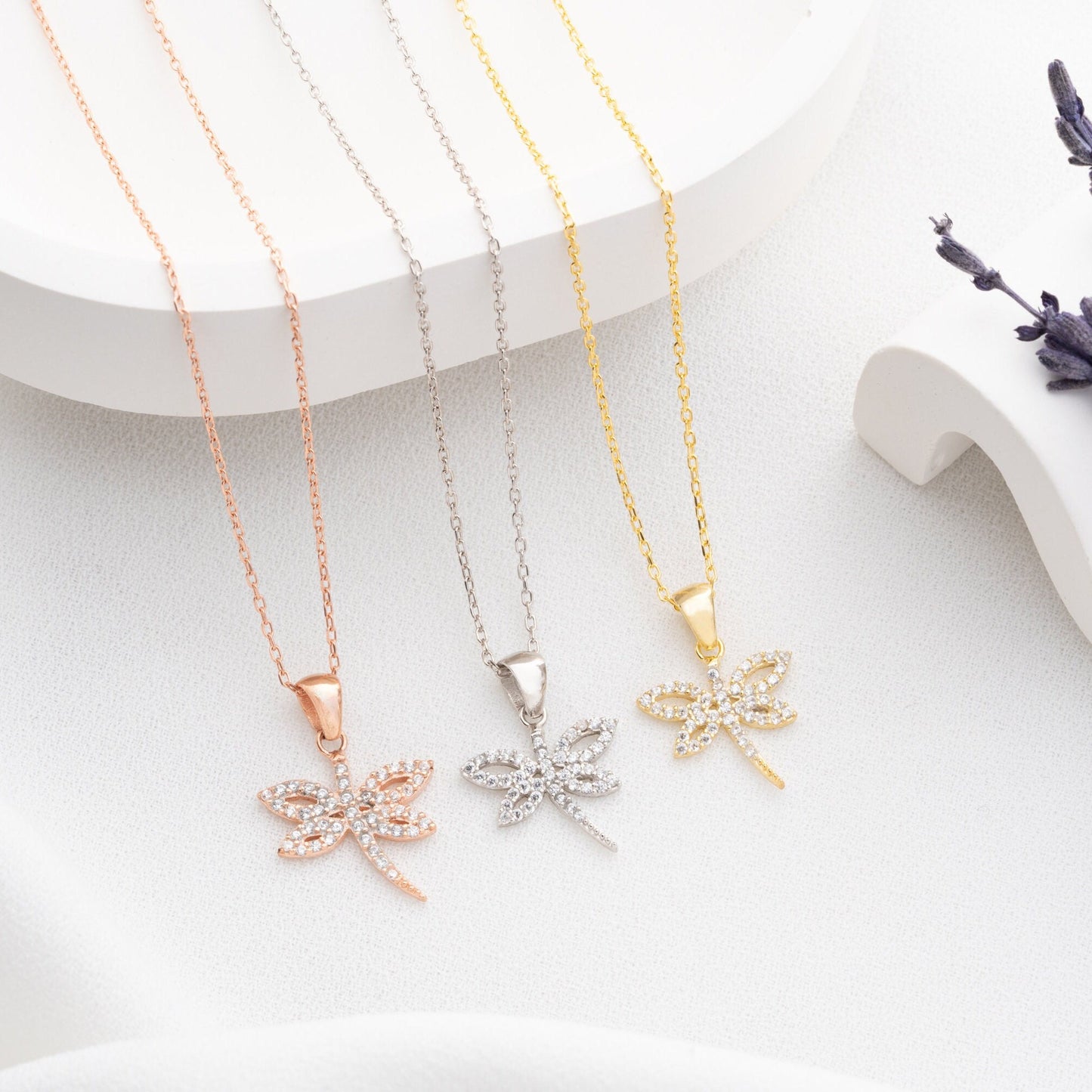 Dragonfly Necklace • 925 Sterling Silver • 14K Gold Plated • Zirconia Charm Pendant • Adjustable Chain Jewelry • Gift for Women & Girls