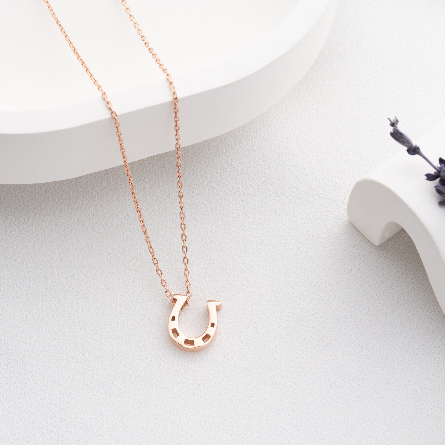 925 Sterling Silver Necklace adorned with zircon stones and featuring a horseshoe symbol, available in multiple colors and lengths.