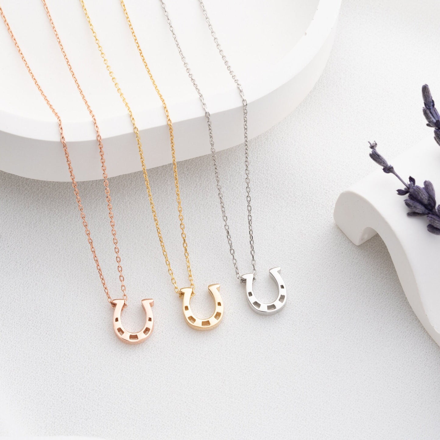 925 Sterling Silver Necklace adorned with zircon stones and featuring a horseshoe symbol, available in multiple colors and lengths.