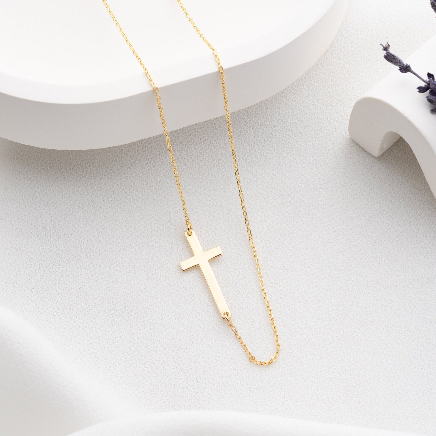 Minimalist Cross Necklace - 925 Sterling Silver Christian Jewelry - Dainty Sideways Cross - Faith Necklace Baptism Gift for Women