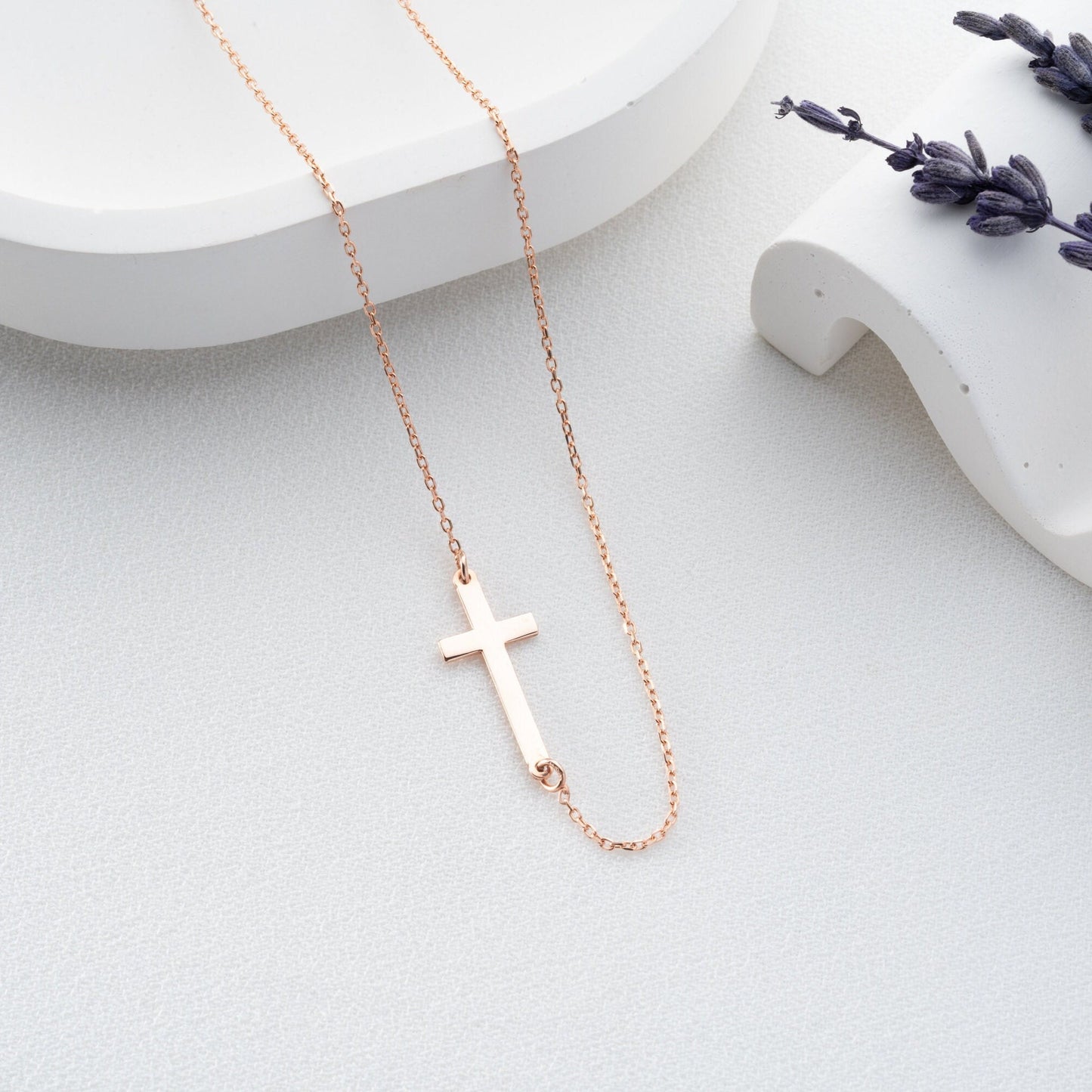 Minimalist Cross Necklace - 925 Sterling Silver Christian Jewelry - Dainty Sideways Cross - Faith Necklace Baptism Gift for Women