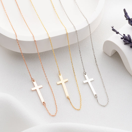 Minimalist Cross Necklace - 925 Sterling Silver Christian Jewelry - Dainty Sideways Cross - Faith Necklace Baptism Gift for Women