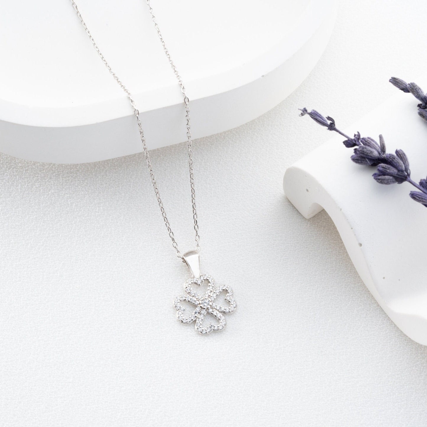 Four Leaf Clover Necklace • 925 Sterling Silver Pendant • Zircon Charm • Lucky Gift for Women • Dainty Clover Jewelry • Minimalist Necklace
