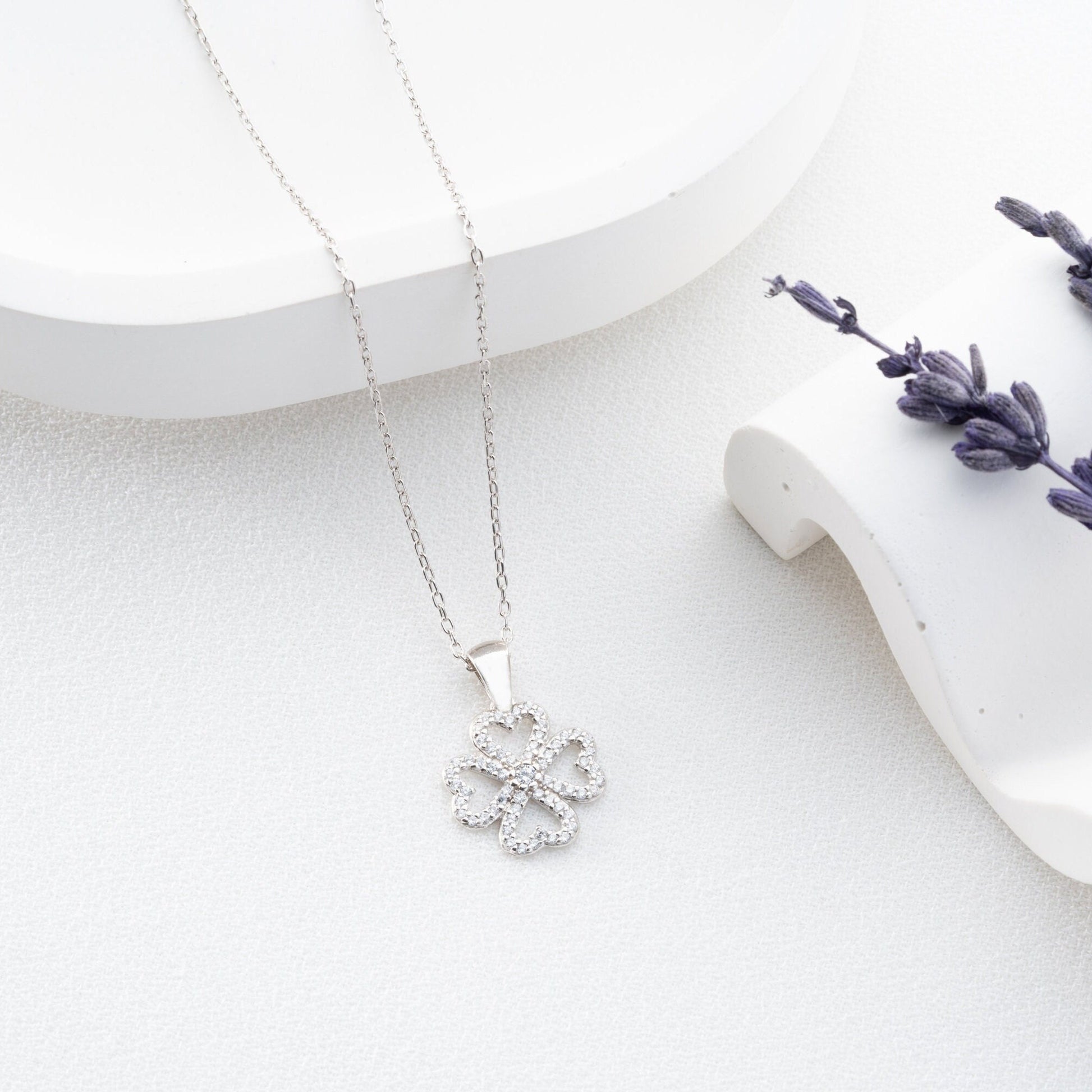 Four Leaf Clover Necklace • 925 Sterling Silver Pendant • Zircon Charm • Lucky Gift for Women • Dainty Clover Jewelry • Minimalist Necklace