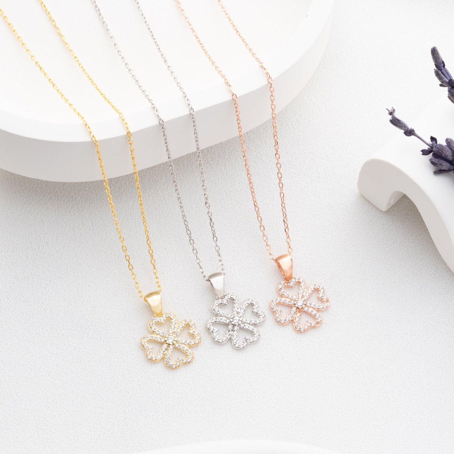 Four Leaf Clover Necklace • 925 Sterling Silver Pendant • Zircon Charm • Lucky Gift for Women • Dainty Clover Jewelry • Minimalist Necklace