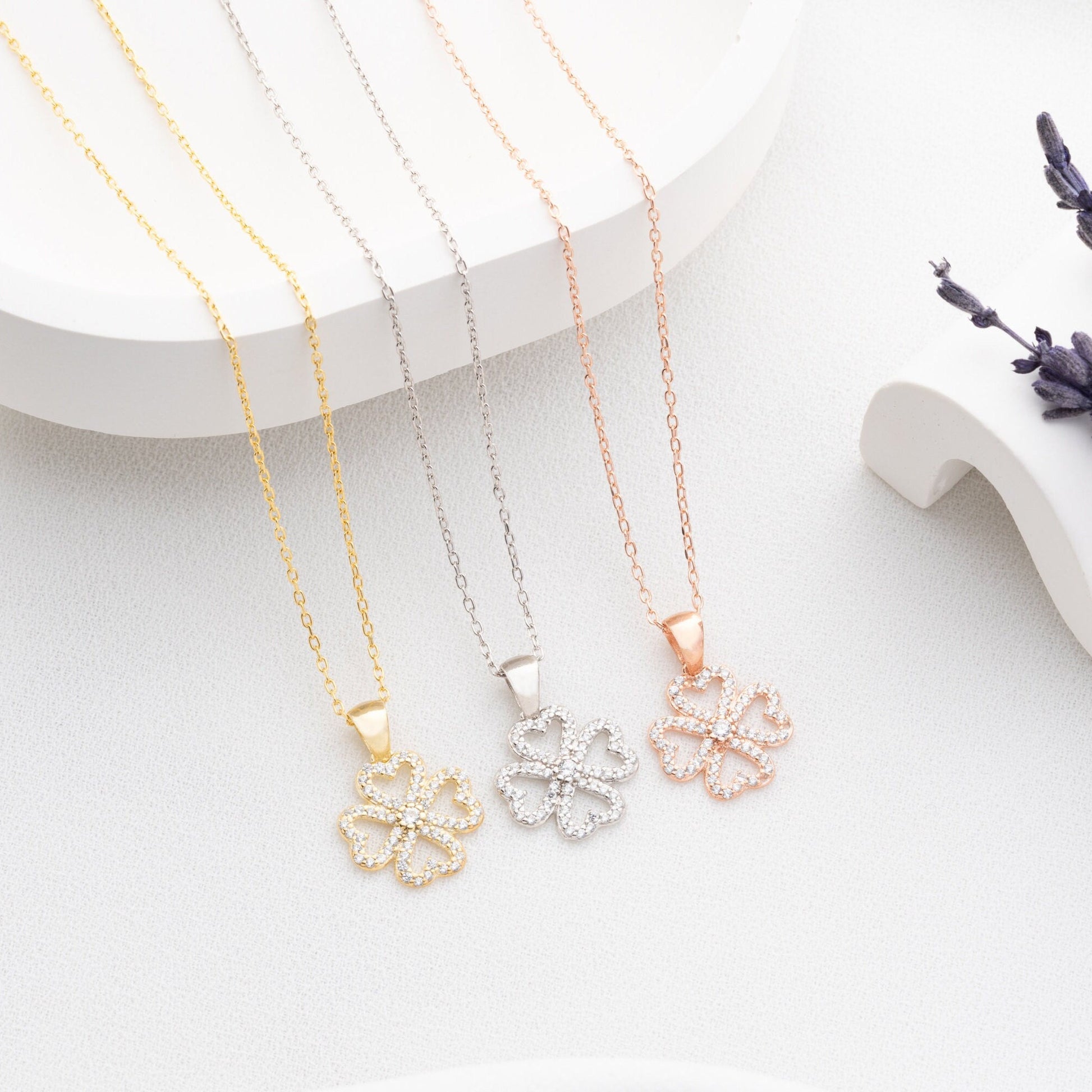Four Leaf Clover Necklace • 925 Sterling Silver Pendant • Zircon Charm • Lucky Gift for Women • Dainty Clover Jewelry • Minimalist Necklace