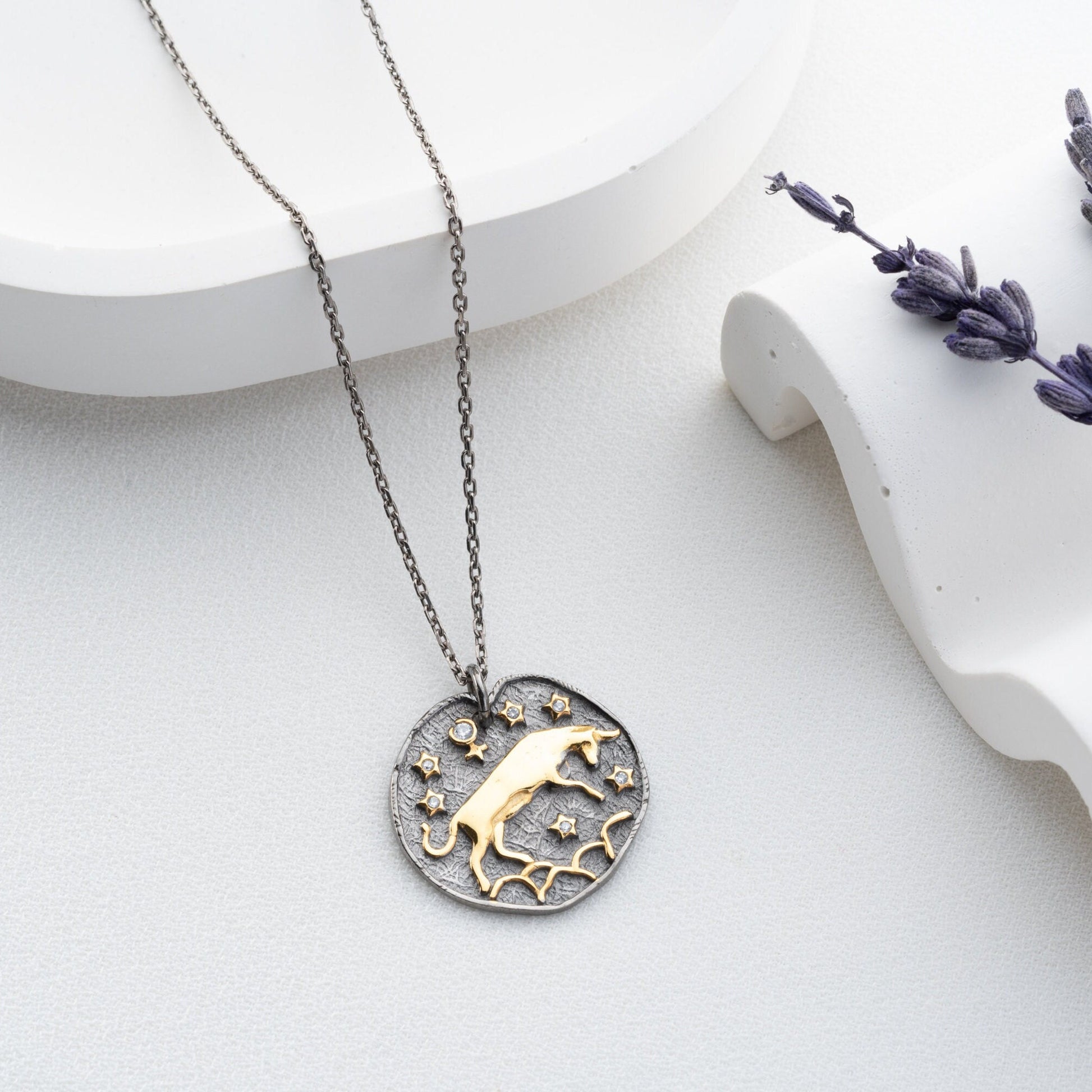 Taurus Zodiac Sign Necklace • 925 Sterling Silver • 12 Horoscope Designs • 14K Gold & Oxidized Finish • Unique Valentine's Gift for Her