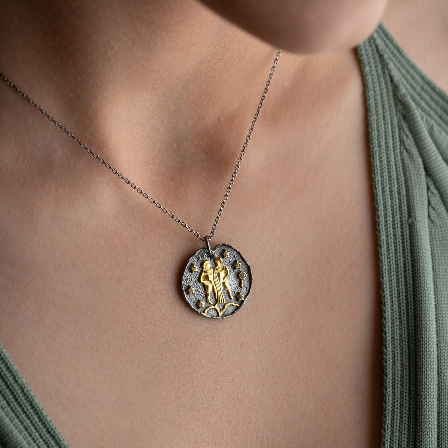 Gemini Zodiac Sign Necklace - Handmade 925 Sterling Silver - 14K Gold or Oxidized Finish - 12 Horoscope Designs - Gift for Astrology Lovers