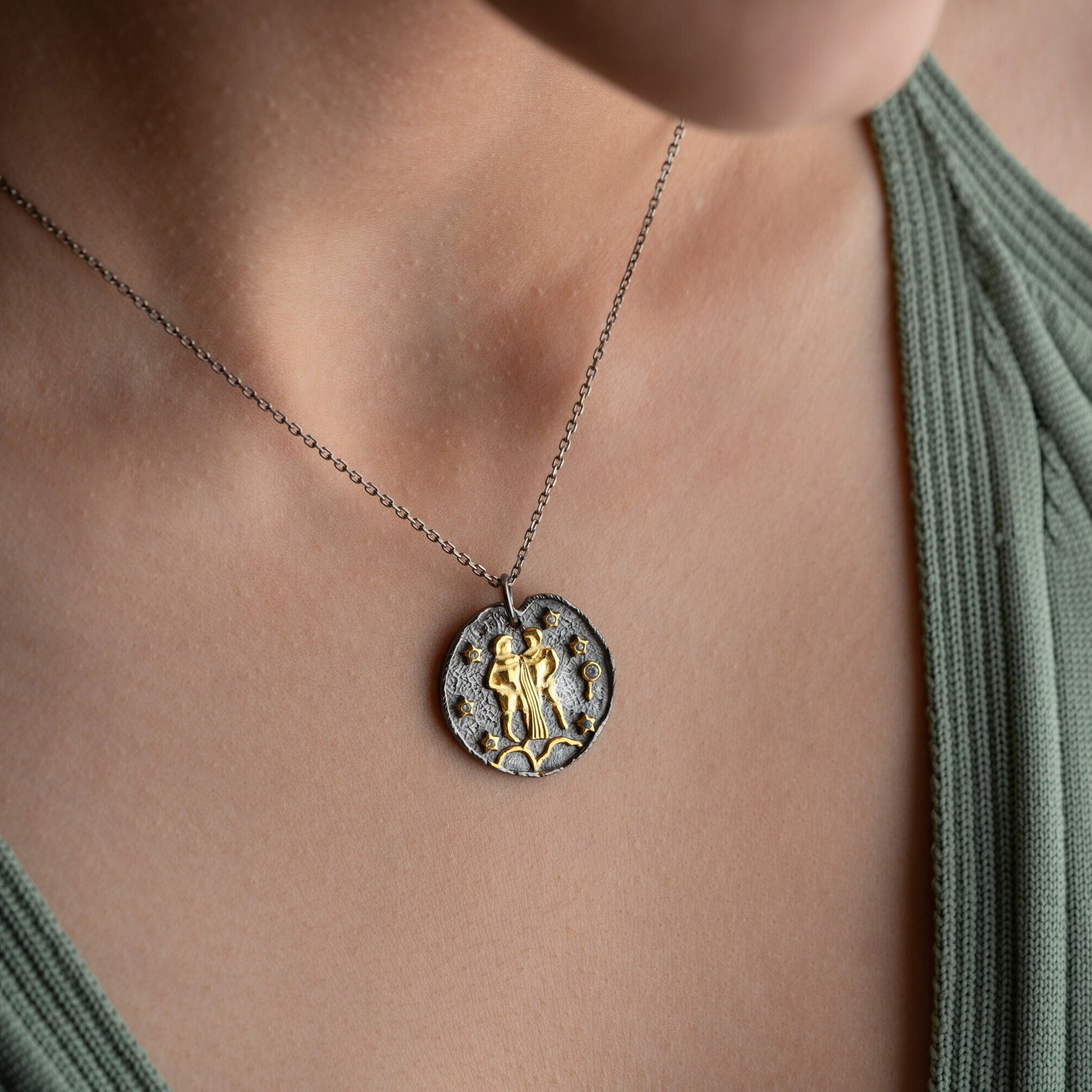 Gemini Zodiac Sign Necklace - Handmade 925 Sterling Silver - 14K Gold or Oxidized Finish - 12 Horoscope Designs - Gift for Astrology Lovers