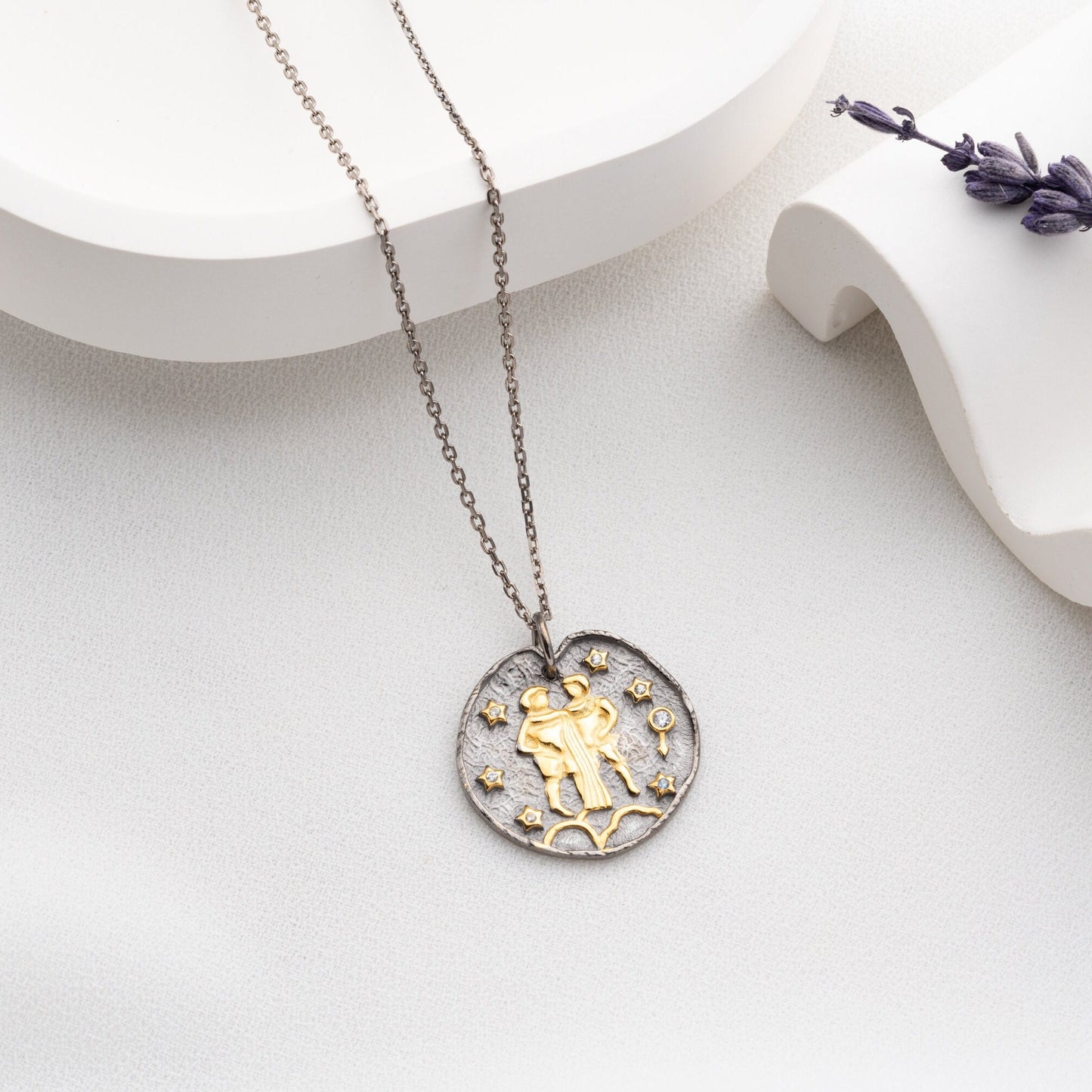 Gemini Zodiac Sign Necklace - Handmade 925 Sterling Silver - 14K Gold or Oxidized Finish - 12 Horoscope Designs - Gift for Astrology Lovers