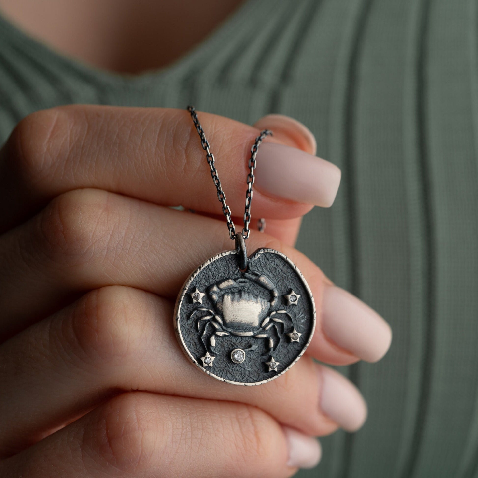 Cancer Zodiac Necklace • 925 Sterling Silver & Gold Plated • Coin Medallion Pendant • Celestial Astrology Jewelry • Gift for Her