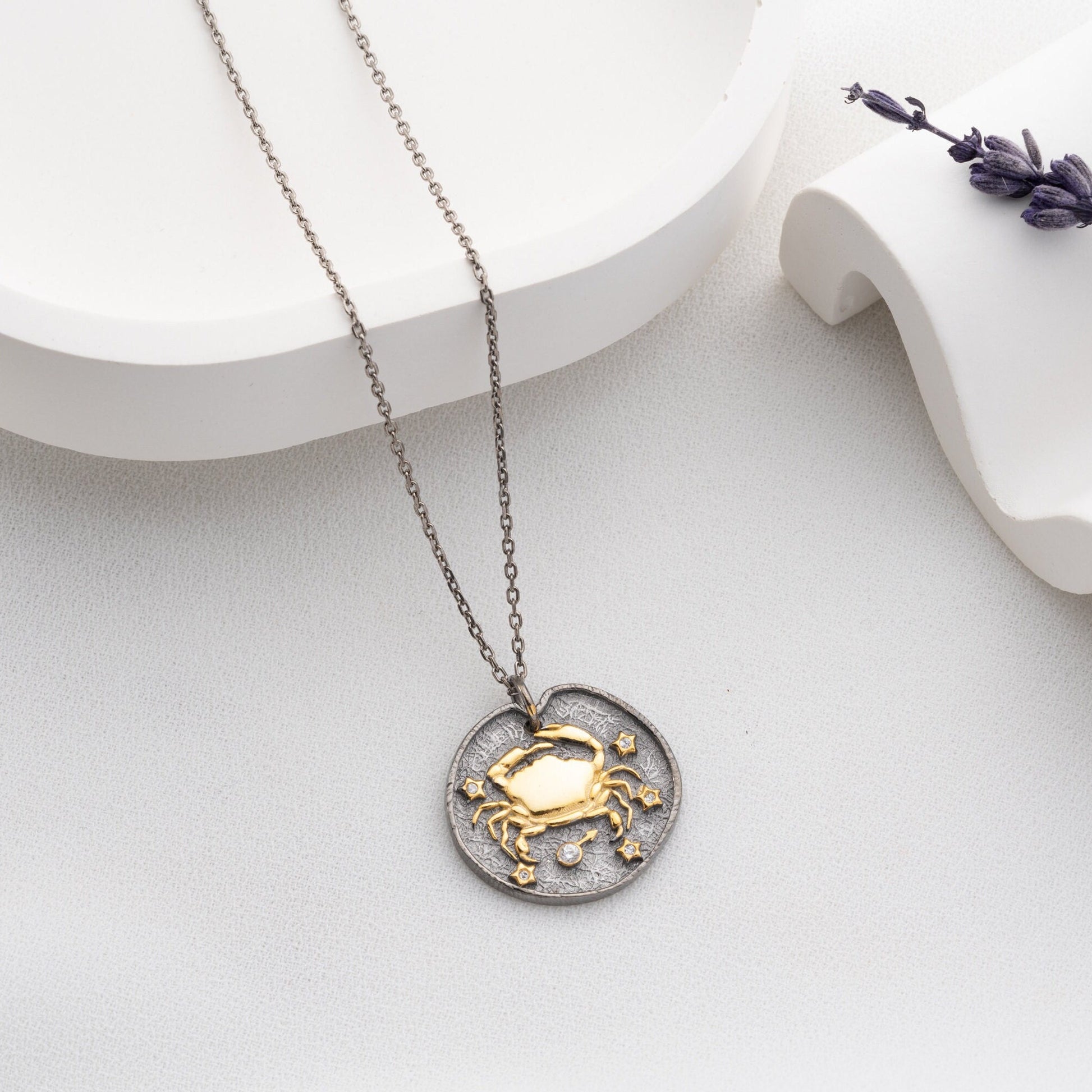 Cancer Zodiac Necklace • 925 Sterling Silver & Gold Plated • Coin Medallion Pendant • Celestial Astrology Jewelry • Gift for Her