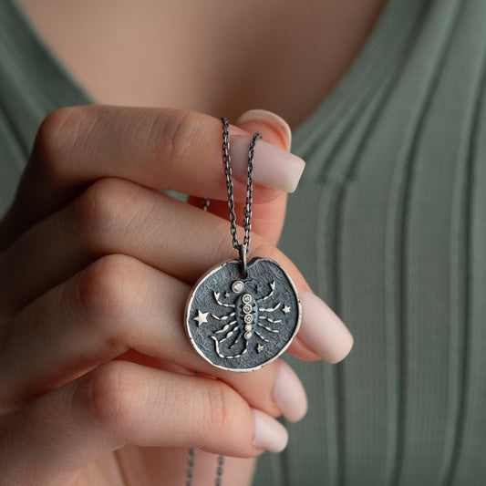 Scorpio Zodiac Sign Necklace - Handmade 925 Sterling Silver - 14K Gold or Oxidized Finish - 12 Horoscope Designs - Gift for Astrology Lovers
